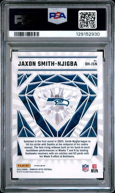 Graded 2023 Donruss Optic Jaxon Smith-Njigba #DHJSN Diamond Hands Rookie RC Football Card PSA 10 Gem Mint
