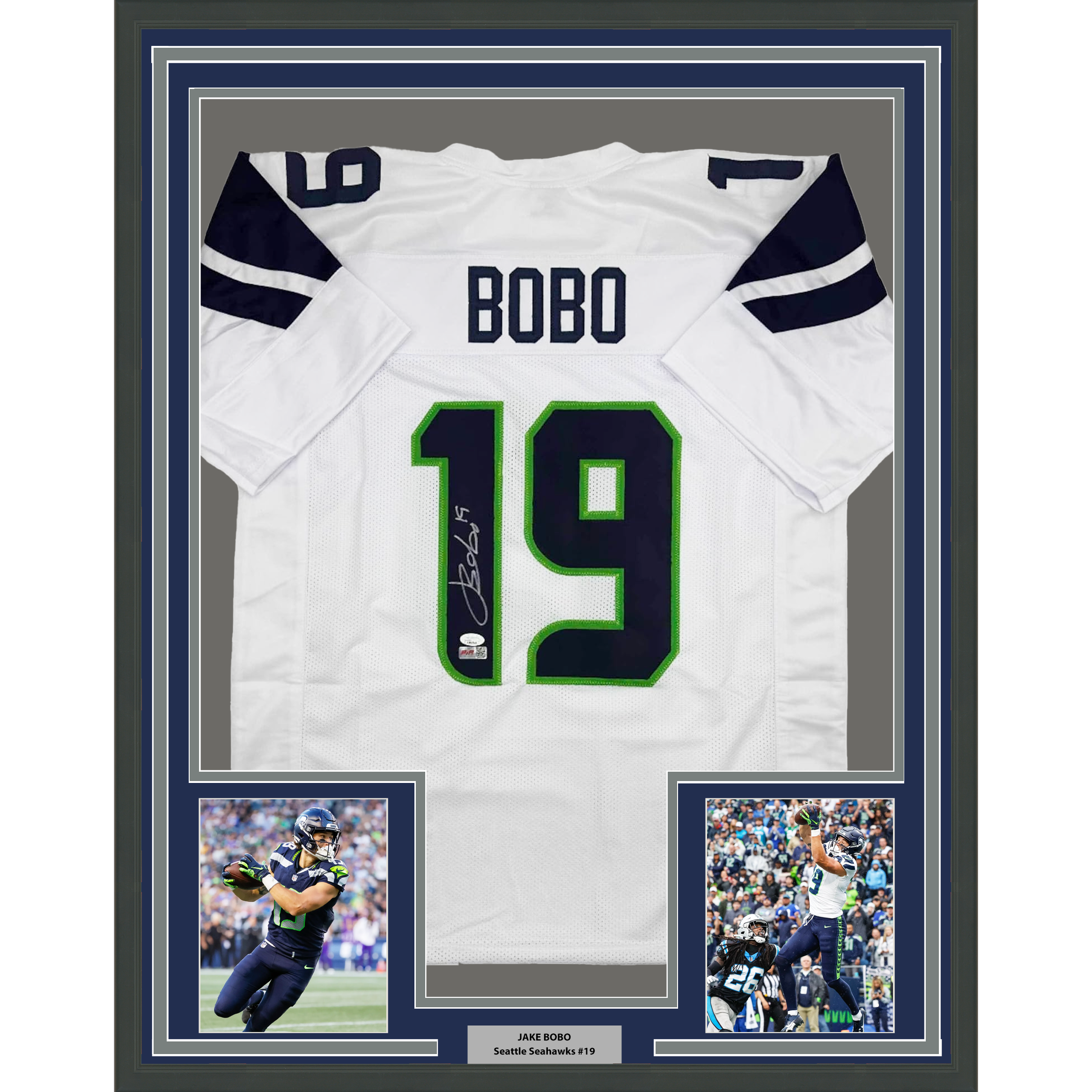 Framed Autographed/Signed Jake Bobo 35x39 Seattle White Football Jersey JSA COA