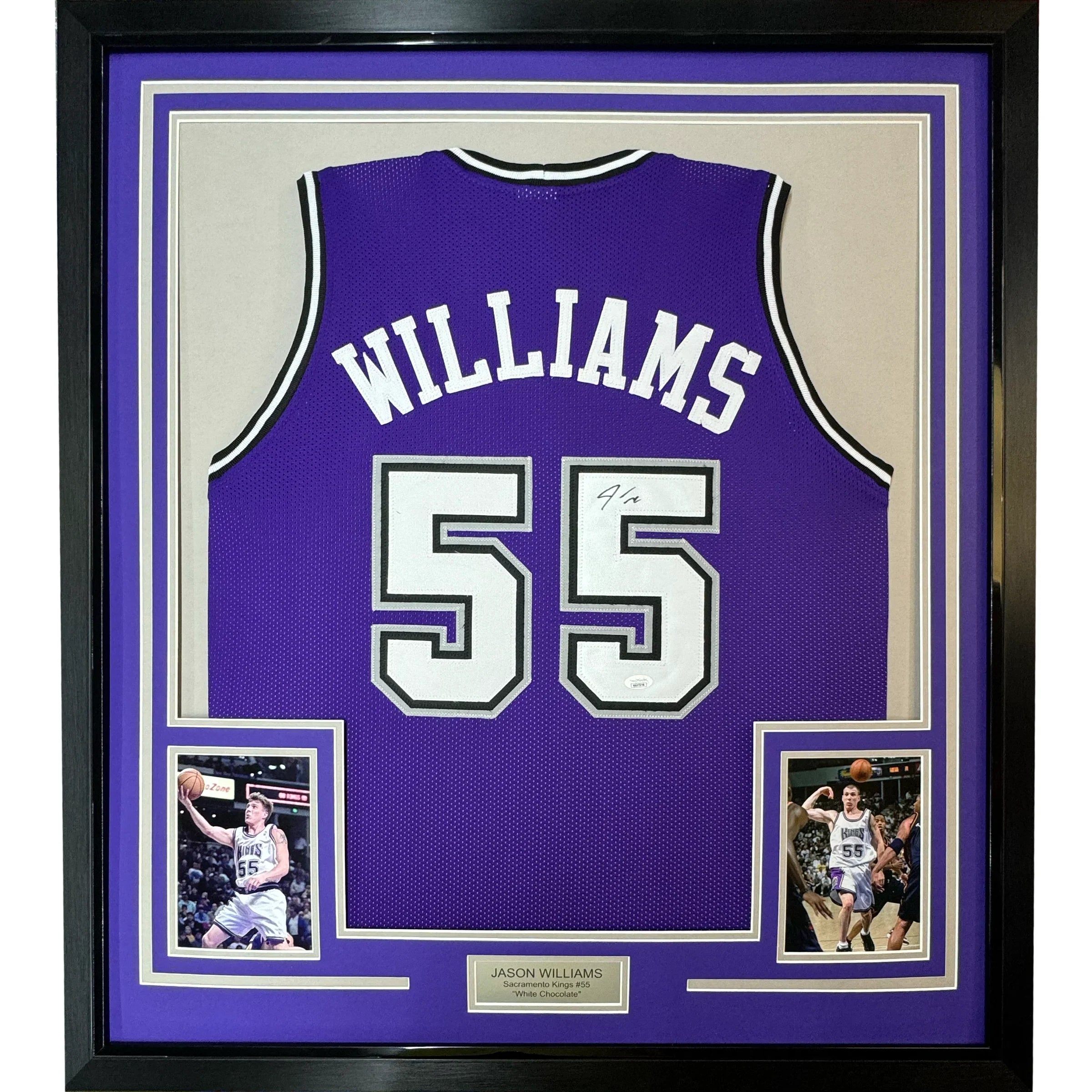 Framed Autographed/Signed Jason Williams 35x39 Sacramento Purple Basketball Jersey PSA/DNA COA