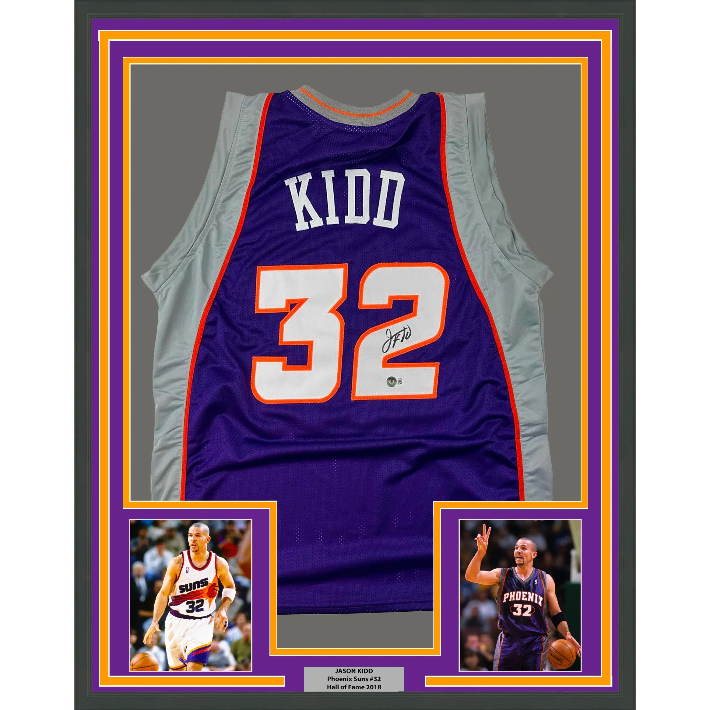 Framed Autographed/Signed Jason Kidd 35x39 Phoenix Purple Basketball Jersey Beckett BAS COA