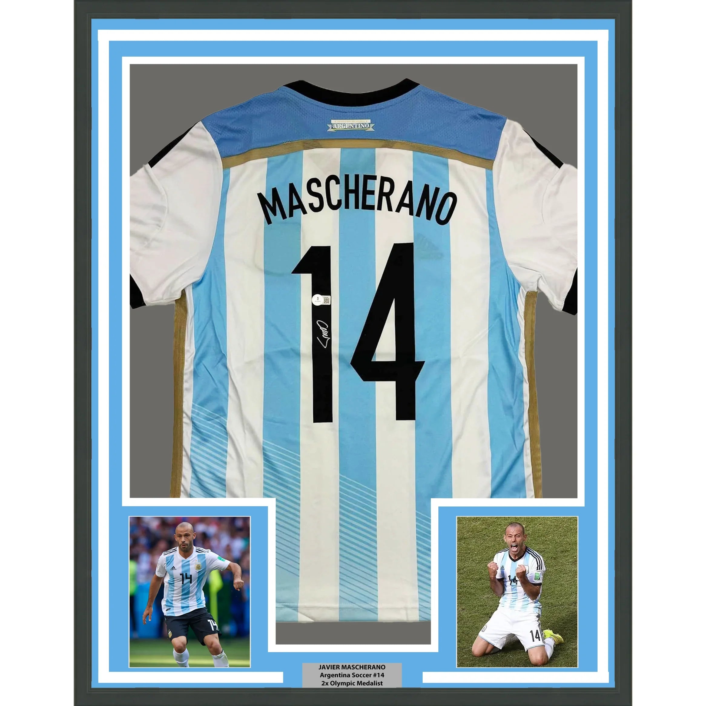 Framed Autographed/Signed Javier Mascherano 35x39 Argentina Blue Soccer Futbol Jersey Beckett BAS COA
