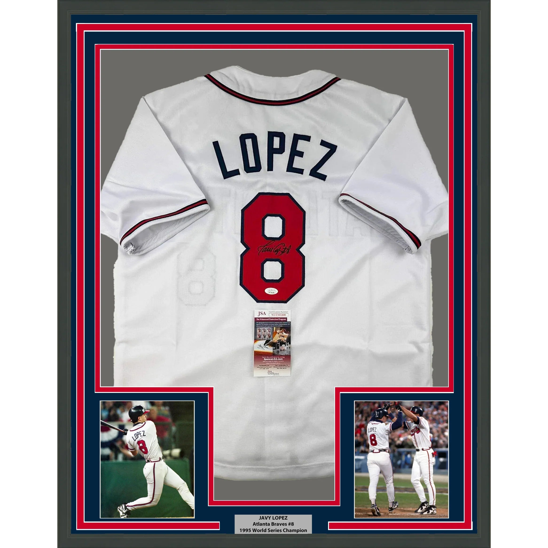 Framed Autographed/Signed Javy Lopez 35x39 Atlanta White Baseball Jersey JSA COA