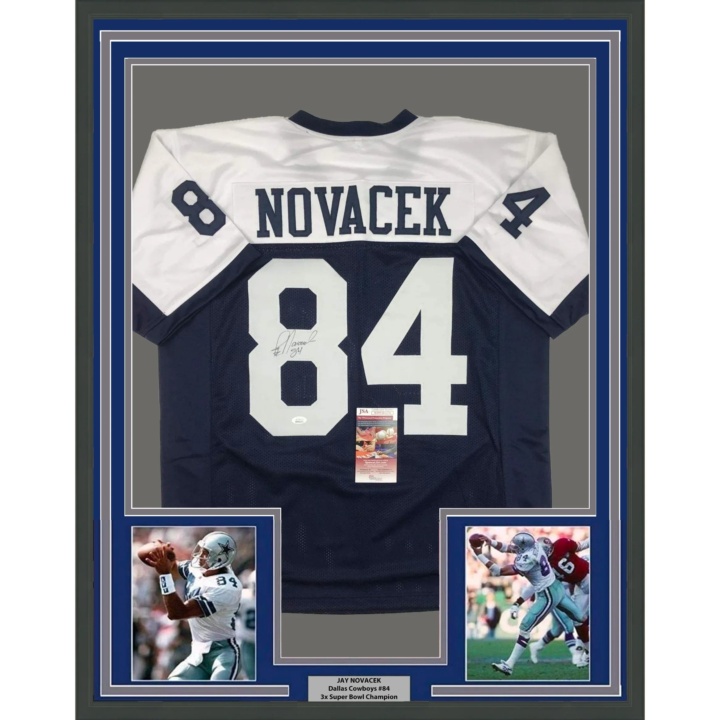 Framed Autographed/Signed Jay Novacek 35x39 Dallas Thanksgiving Day Football Jersey JSA COA