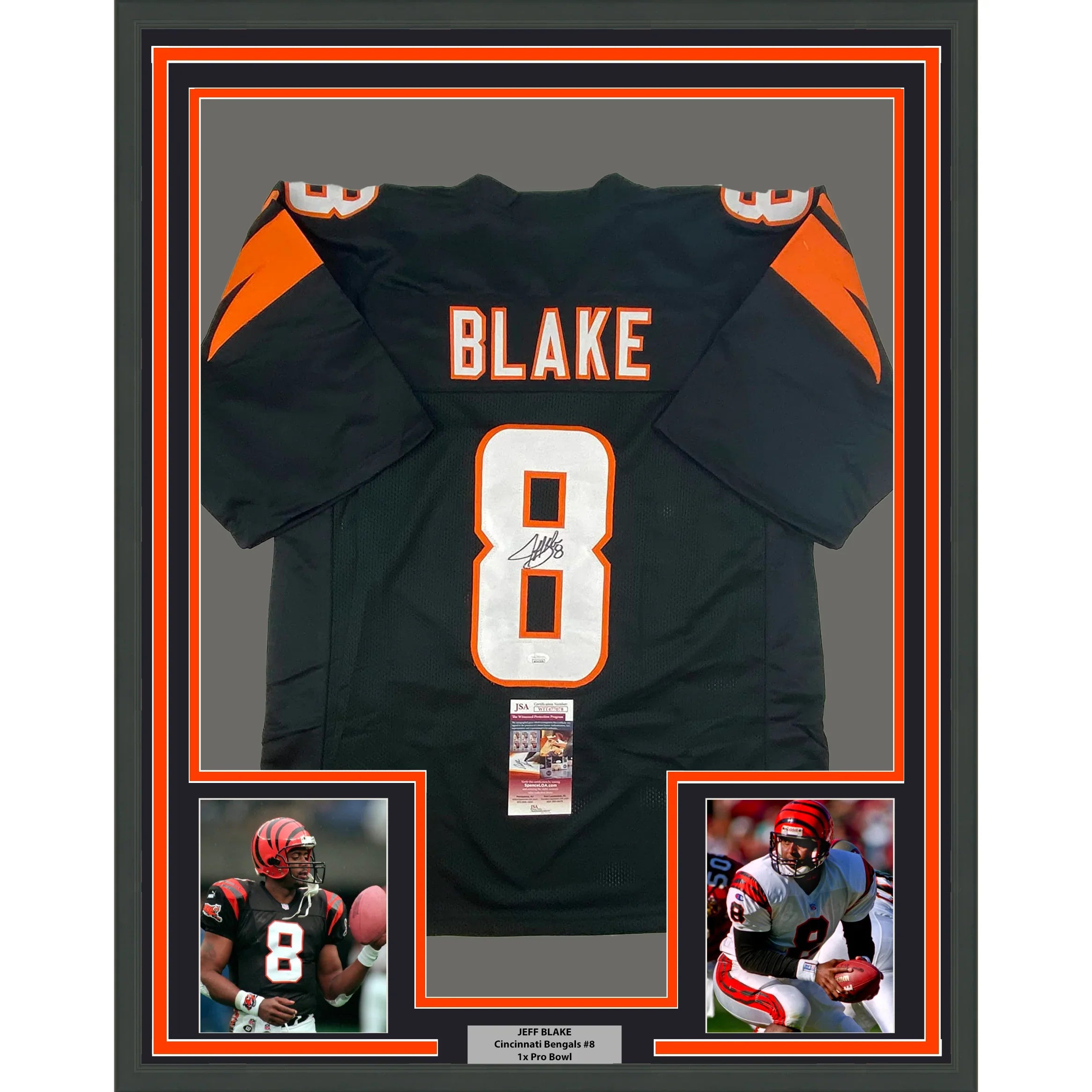 Framed Autographed/Signed Jeff Blake 35x39 Cincinnati Black Football Jersey JSA COA