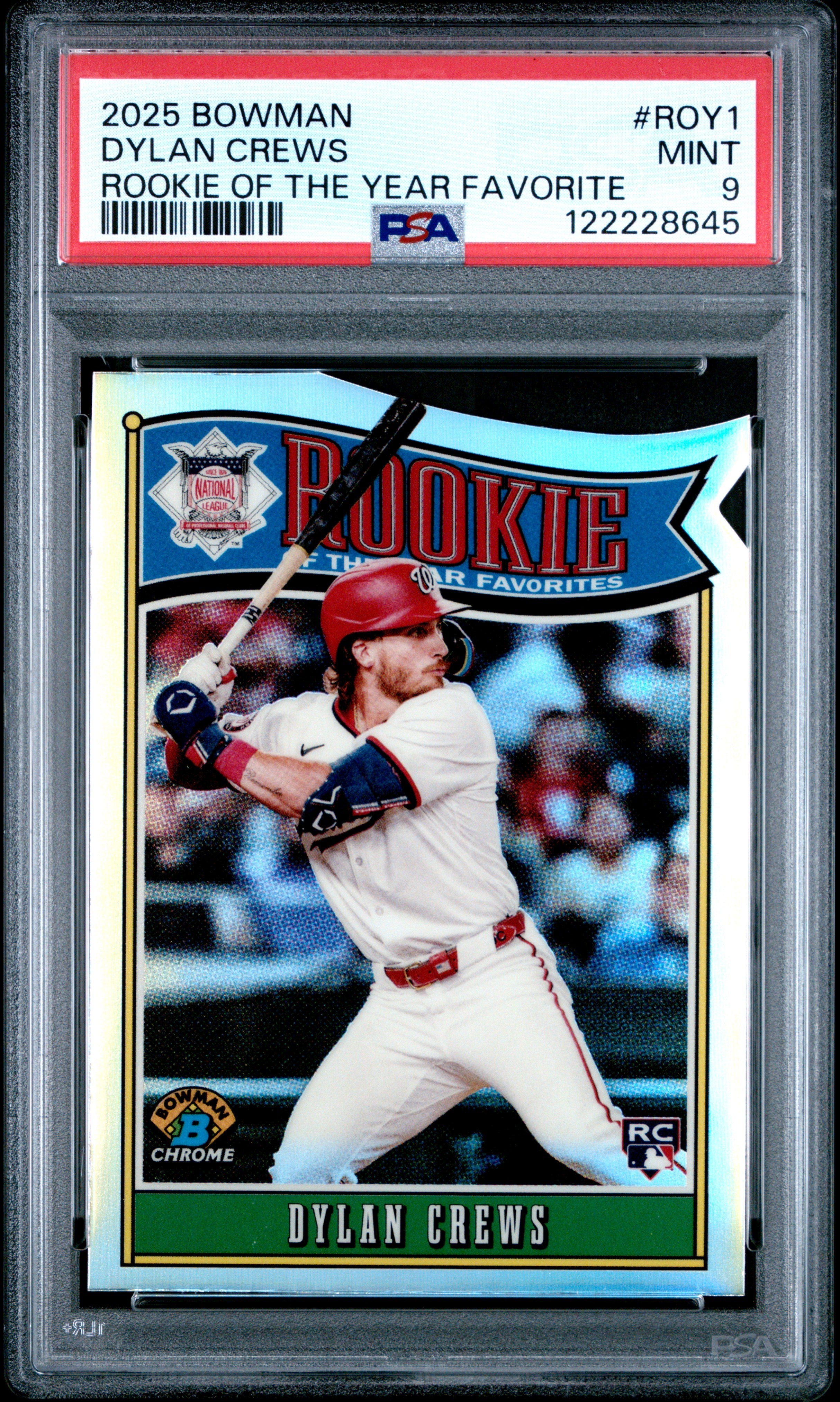 Graded 2025 Topps Bowman Dylan Crews #ROY1 Rookie of the Year Favorite Rookie RC Baseball Card PSA 9 Mint