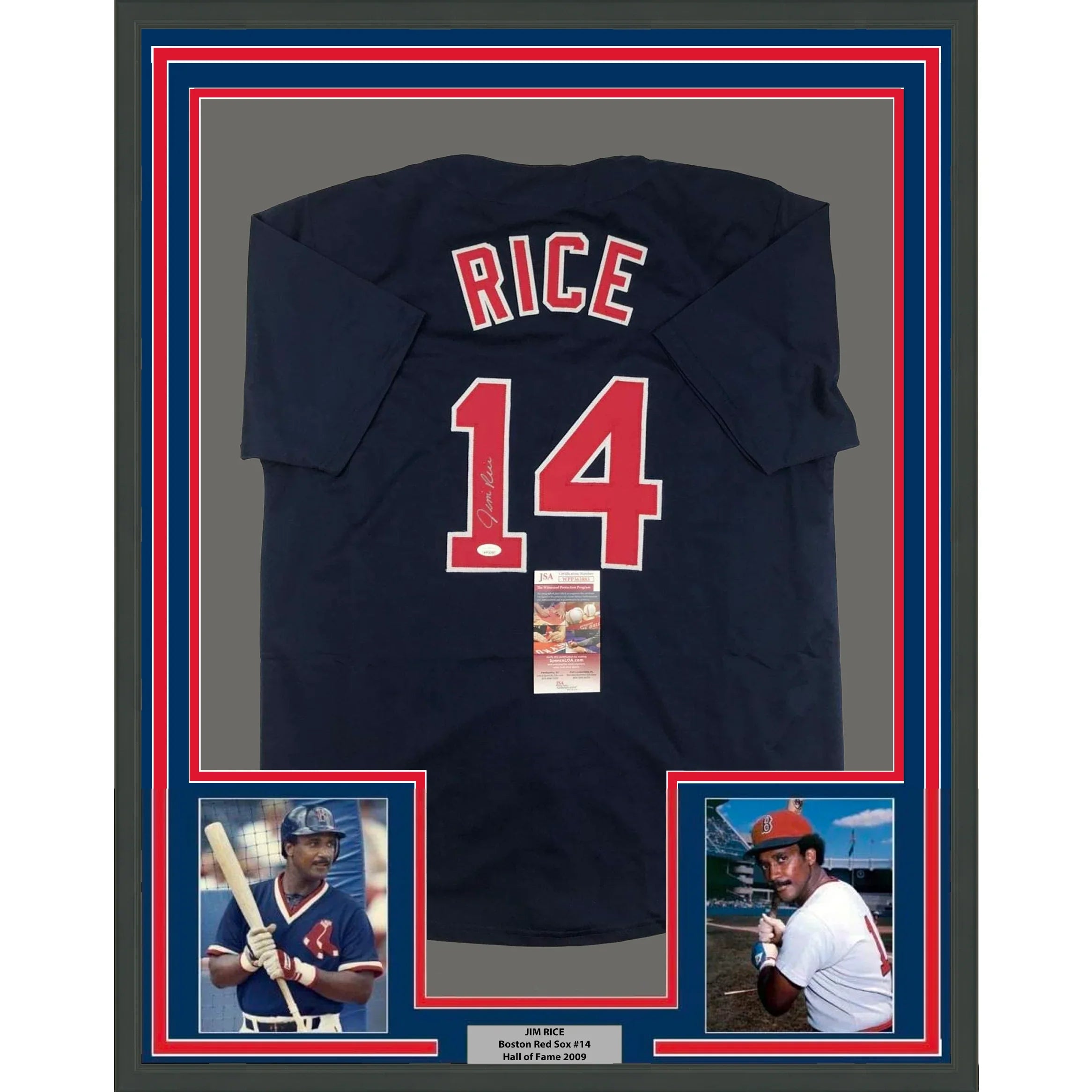 Framed Autographed/Signed Jim Rice 35x39 Boston Blue Baseball Jersey JSA COA