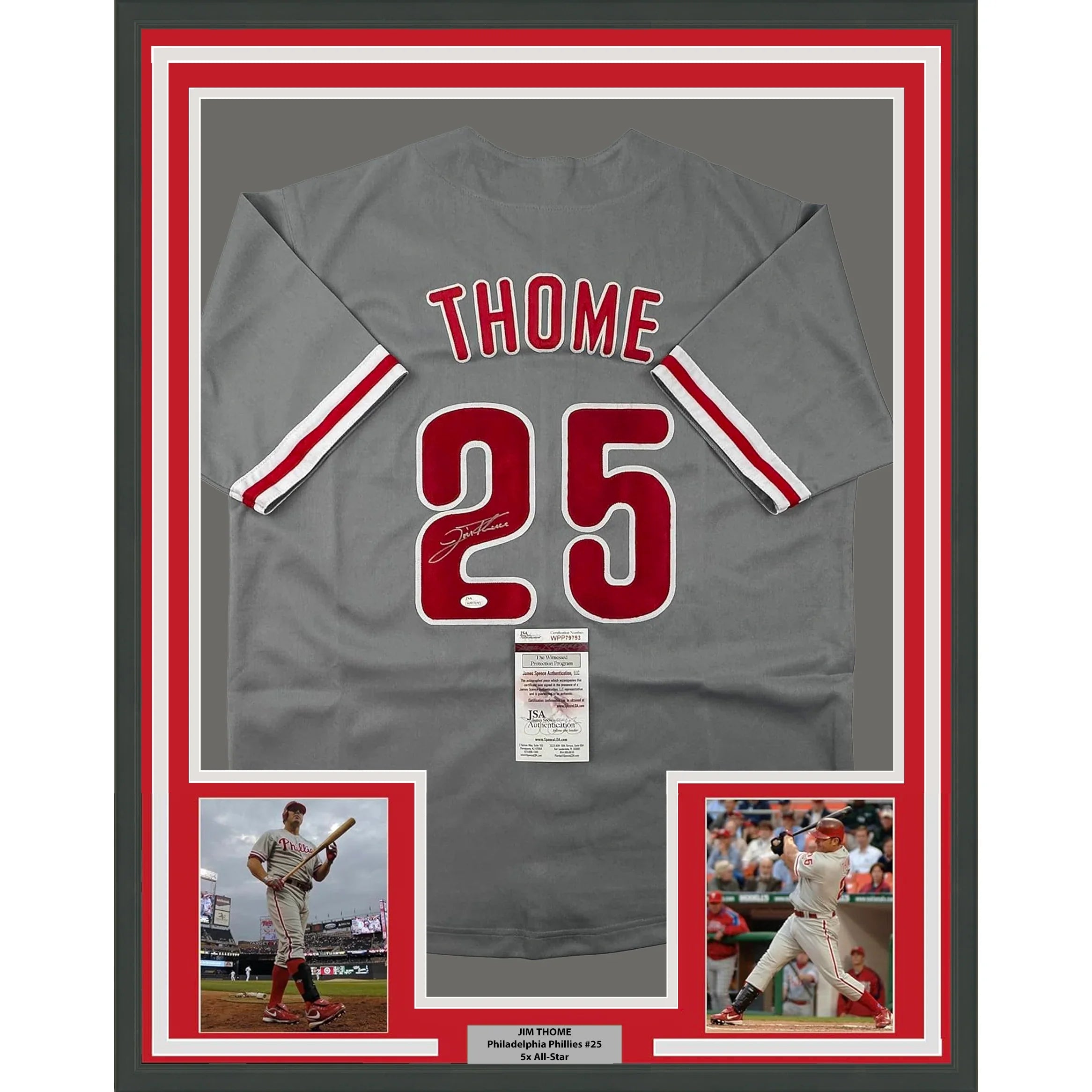 Framed Autographed/Signed Jim Thome 35x39 Philadelphia Grey Baseball Jersey JSA COA