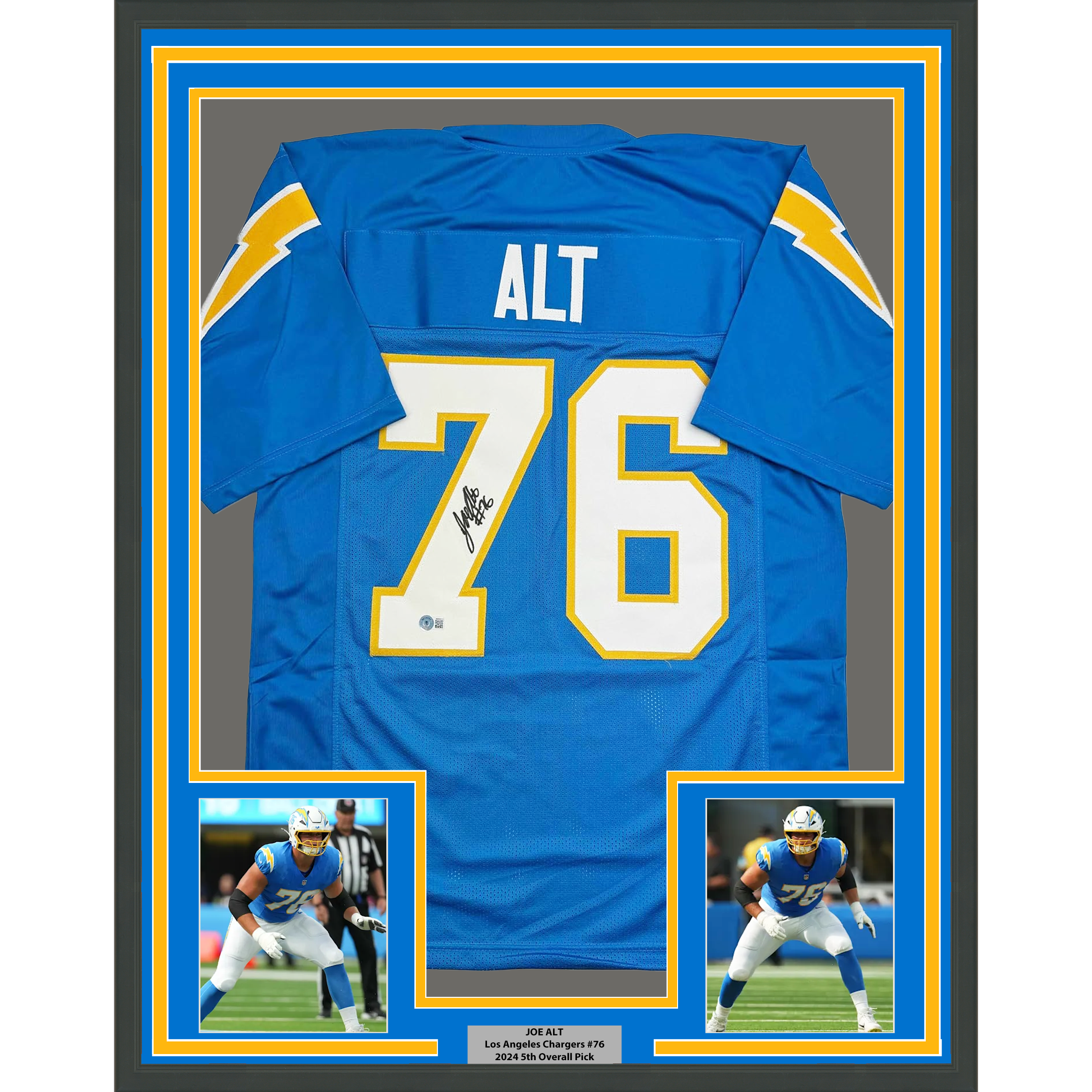 Framed Autographed/Signed Joe Alt 35x39 Los Angeles LA Powder Blue Football Jersey Beckett BAS COA