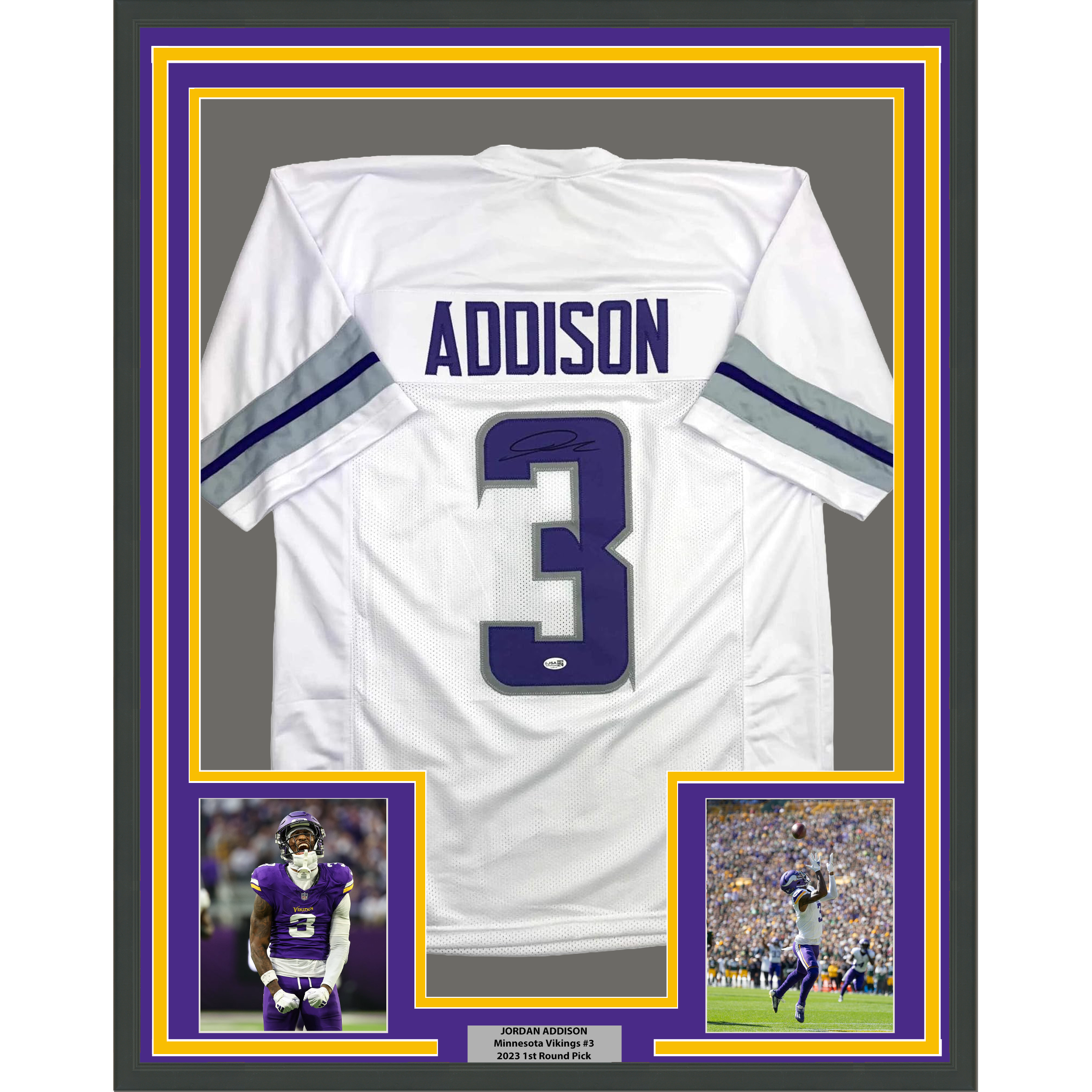 Framed Autographed/Signed Jordan Addison 35x39 Minnesota White Alternate Football Jersey JSA COA