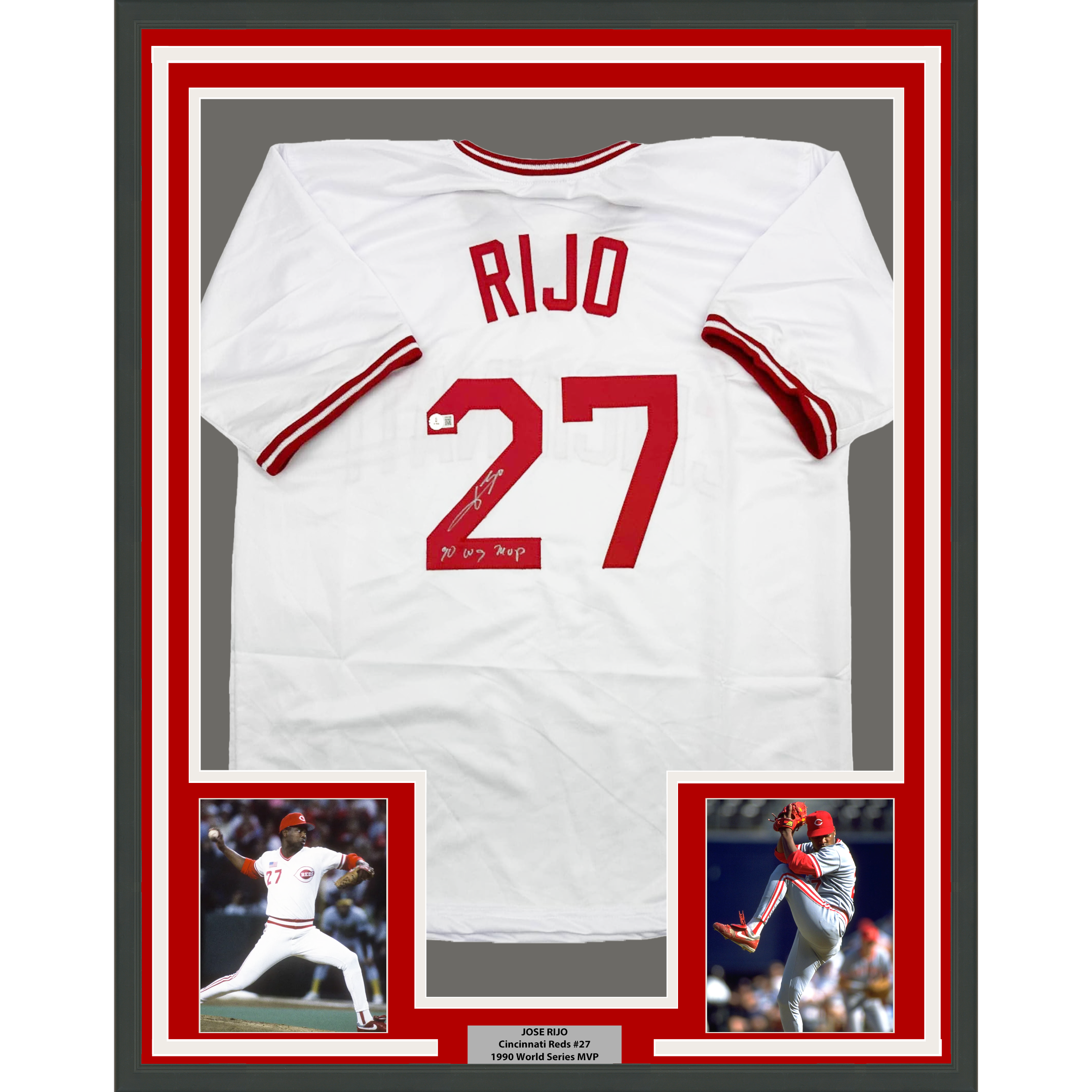 Framed Autographed/Signed Jose Rijo 35x39 90 WS MVP Cincinnati White Baseball Jersey Beckett BAS COA