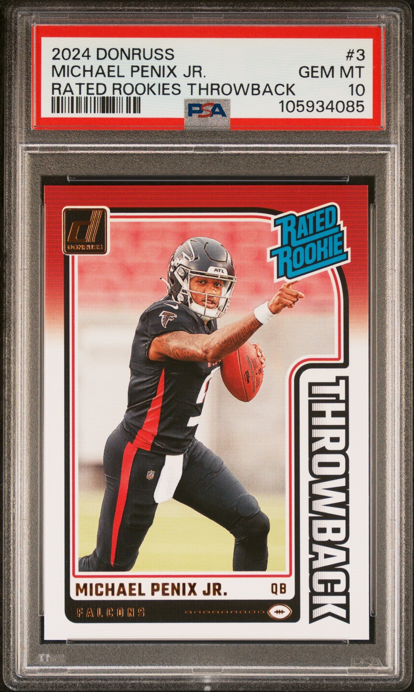 Graded 2024 Panini Donruss Michael Penix Jr #3 Rated Rookies Throwback Rookie RC Football Card PSA 10 Gem Mint