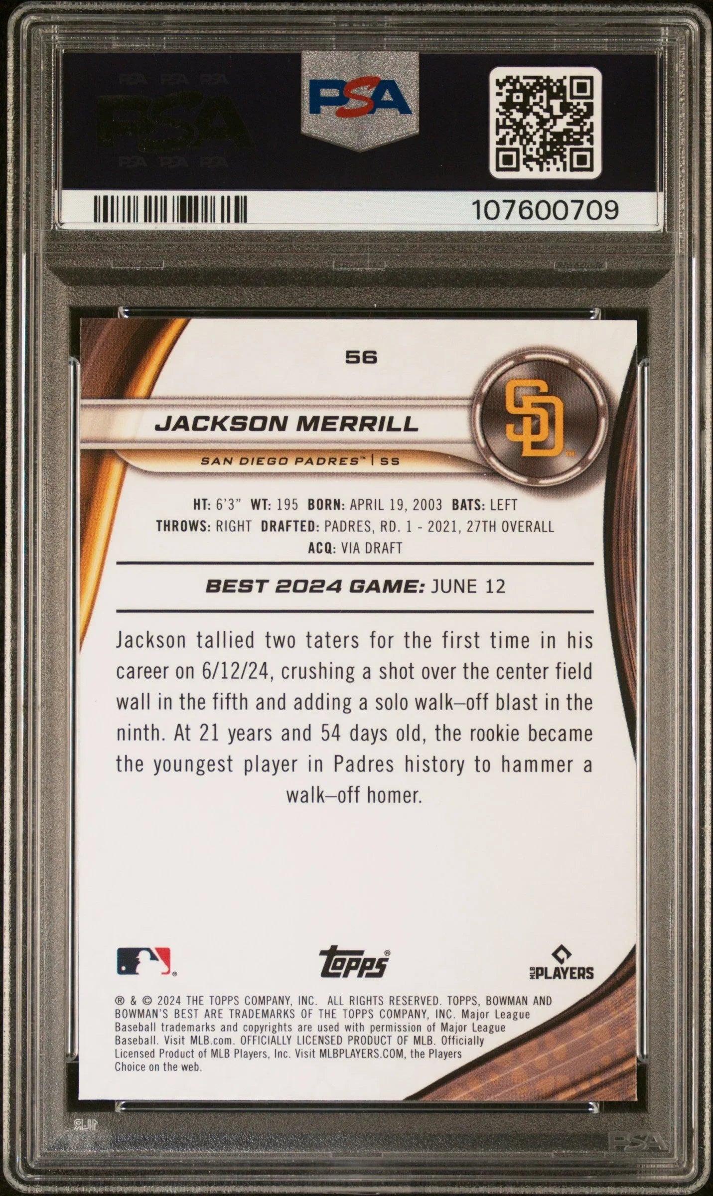 Graded 2024 Topps Bowmans Best Jackson Merrill #56 Wave Rookie RC Baseball Card PSA 10 Gem Mint