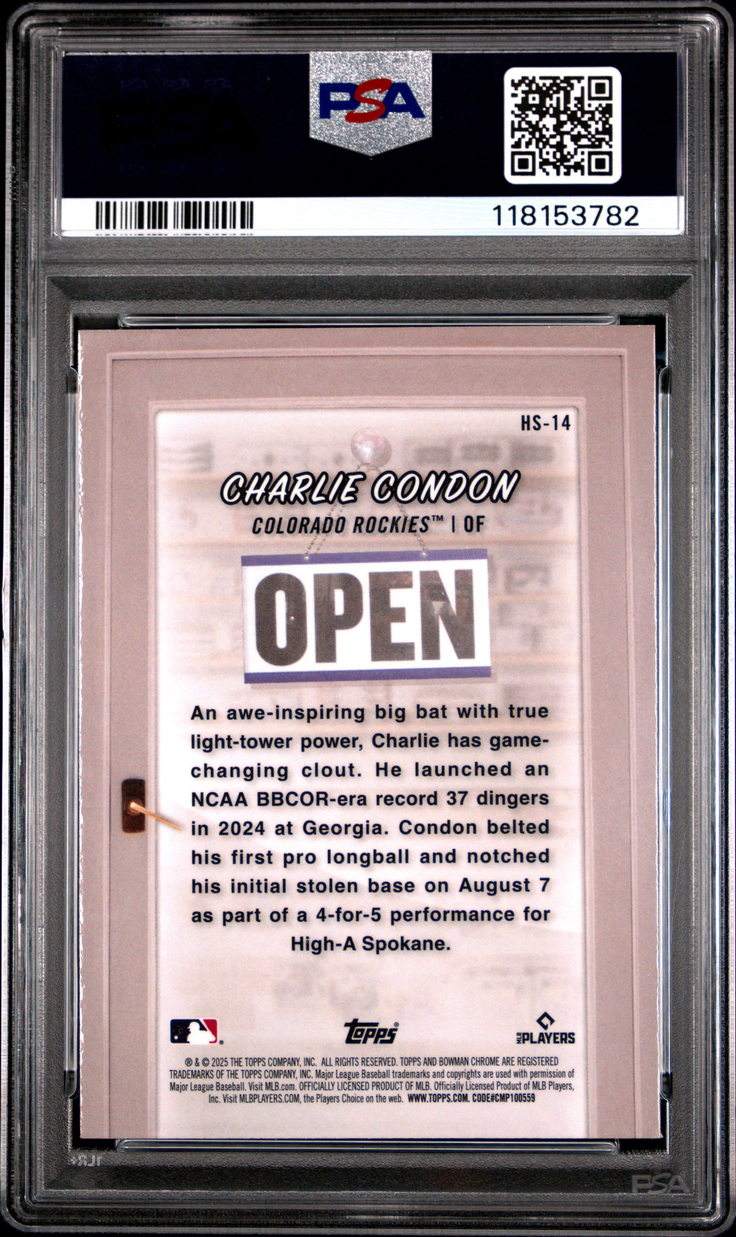 Graded 2025 Topps Bowman Charlie Condon #HS14 Hobby Stars Rookie RC Baseball Card PSA 10 Gem Mint