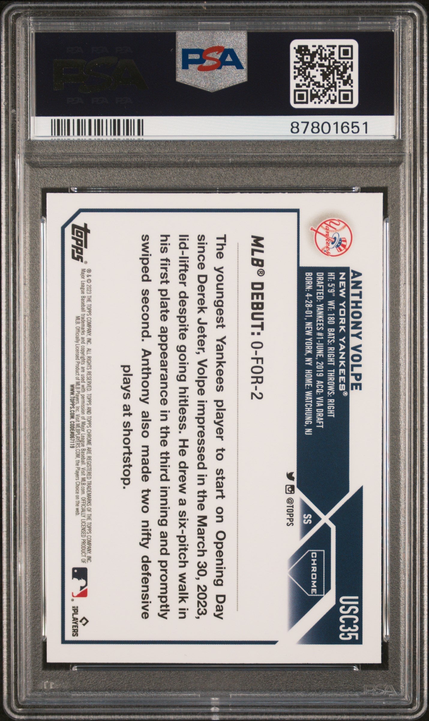 Graded 2023 Topps Chrome Update Anthony Volpe #USC35 Refractor Rookie RC Baseball Card PSA 10 Gem Mint