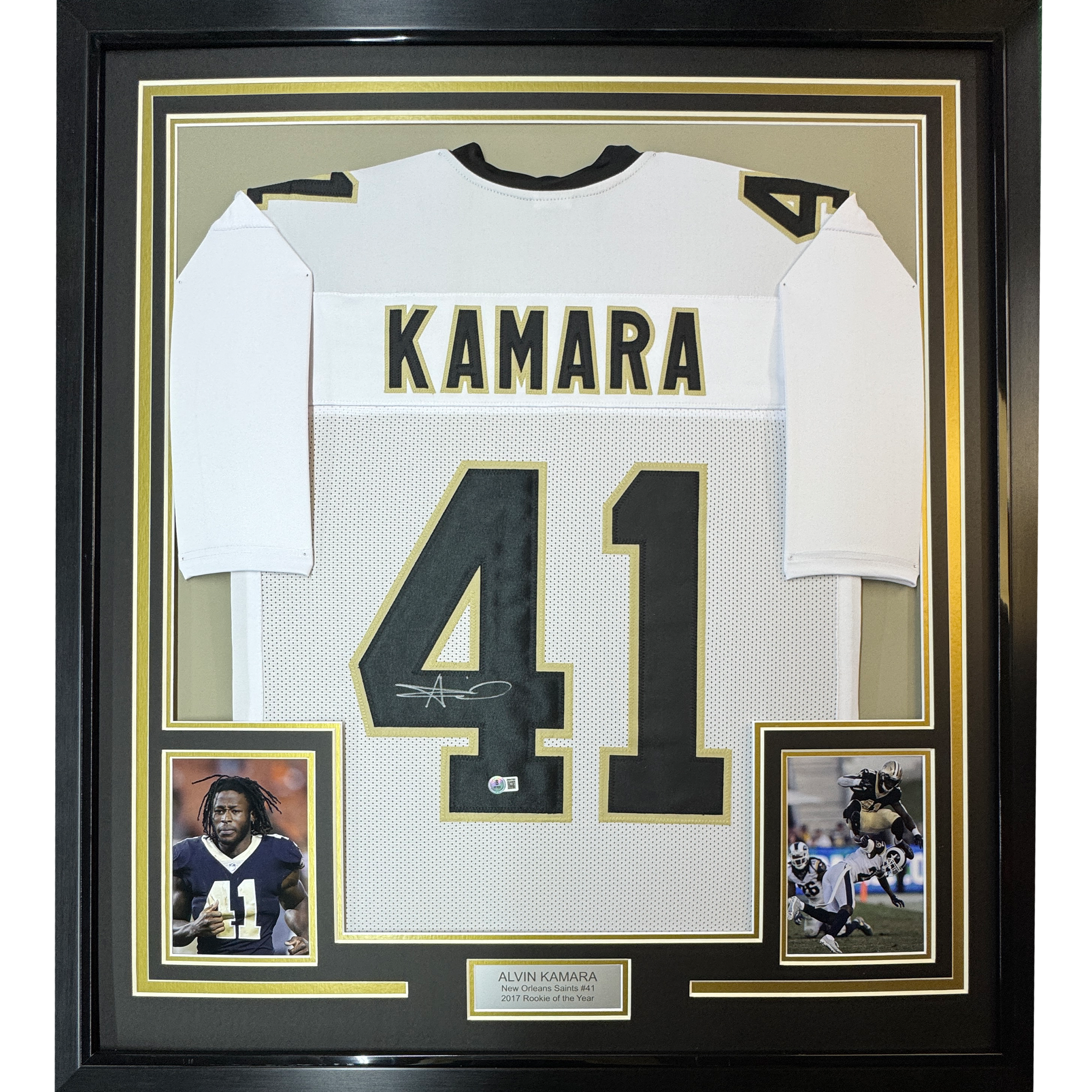 Framed Autographed/Signed Alvin Kamara 35x39 New Orleans White Football Jersey Beckett BAS COA