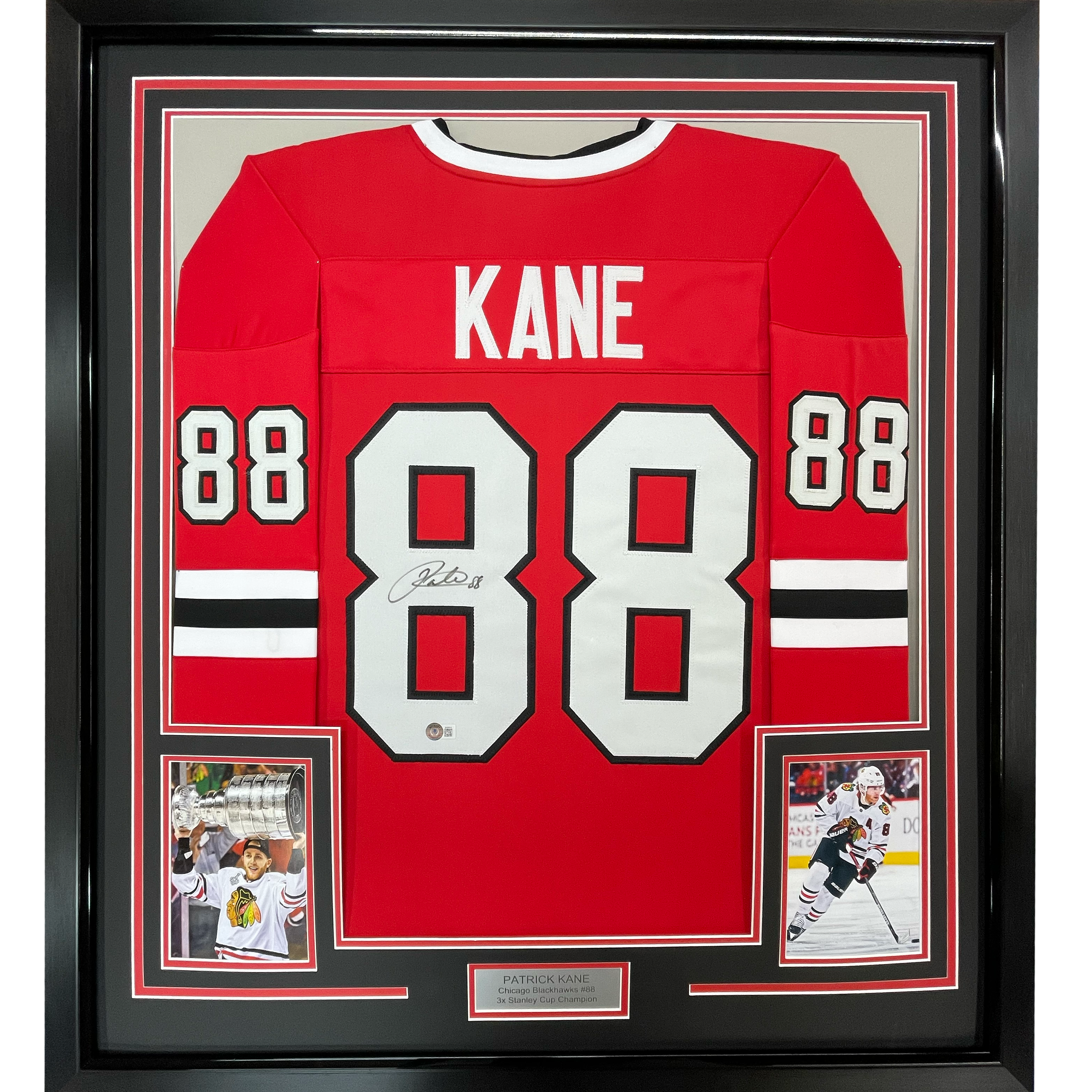 Framed Autographed/Signed Patrick Kane 35x39 Chicago Red Hockey Jersey Beckett BAS COA