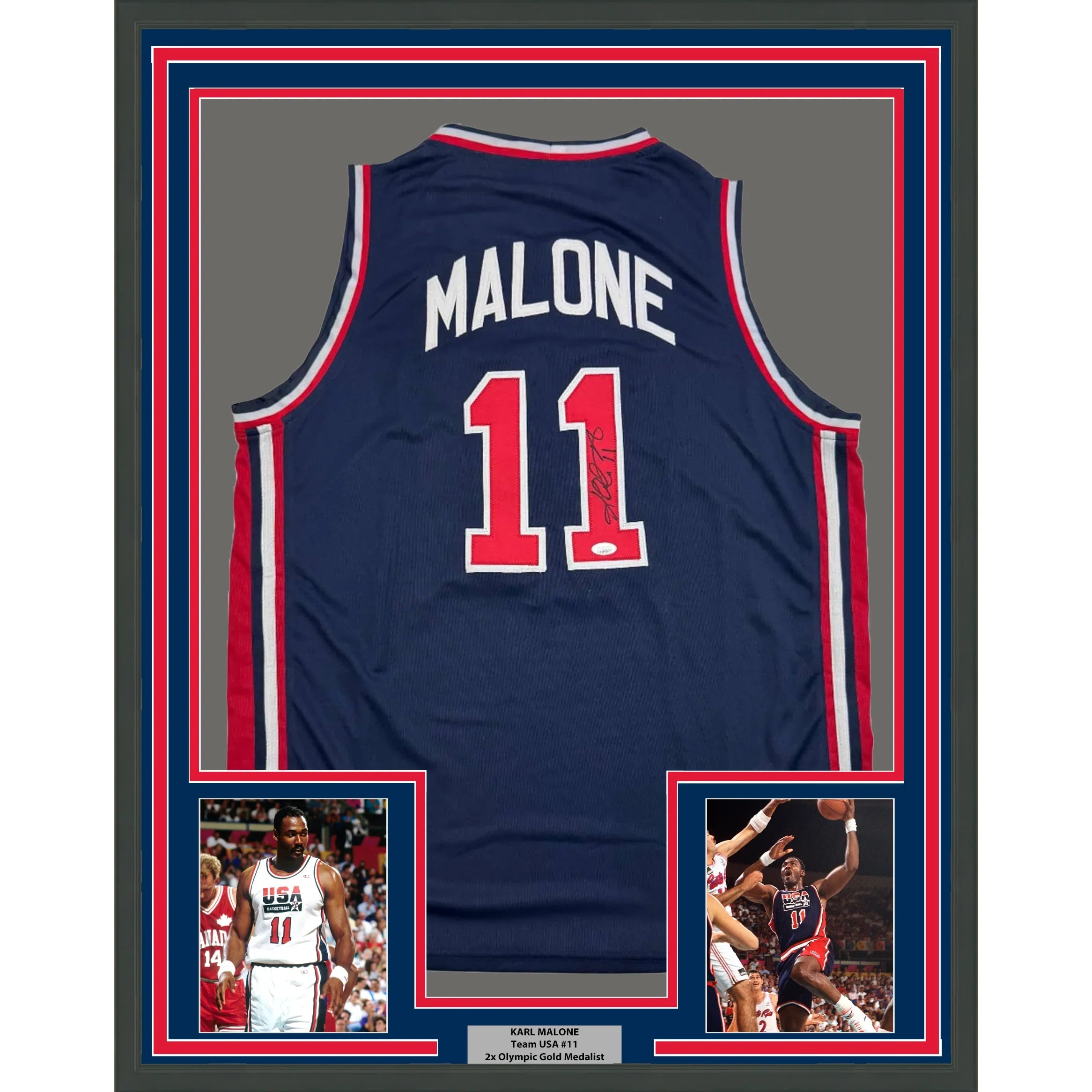 Framed Autographed/Signed Karl Malone 35x39 United States USA Blue 1992 Dream Team Basketball Jersey JSA COA