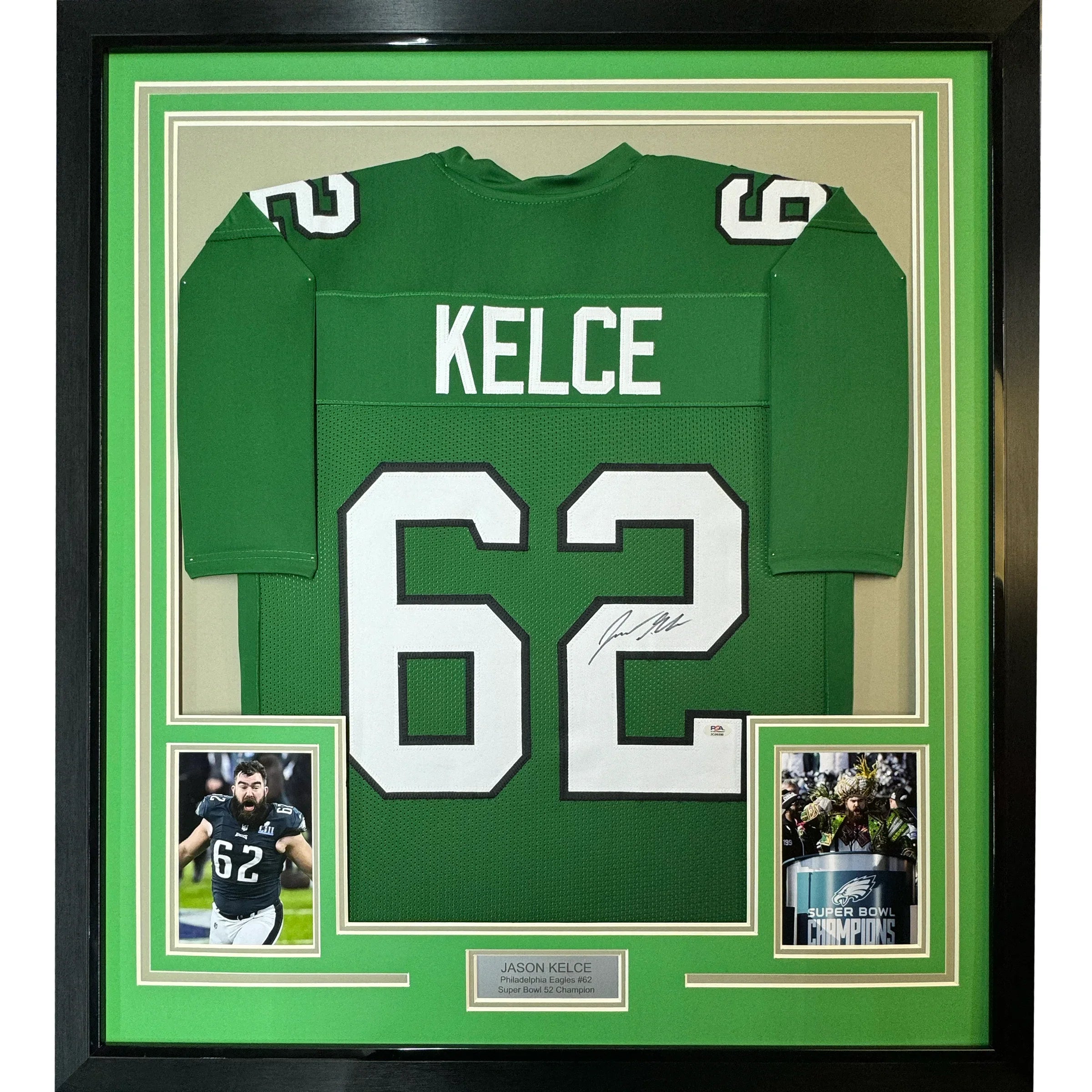 Framed Autographed/Signed Jason Kelce 35x39 Philadelphia Kelly Green Football Jersey PSA/DNA COA