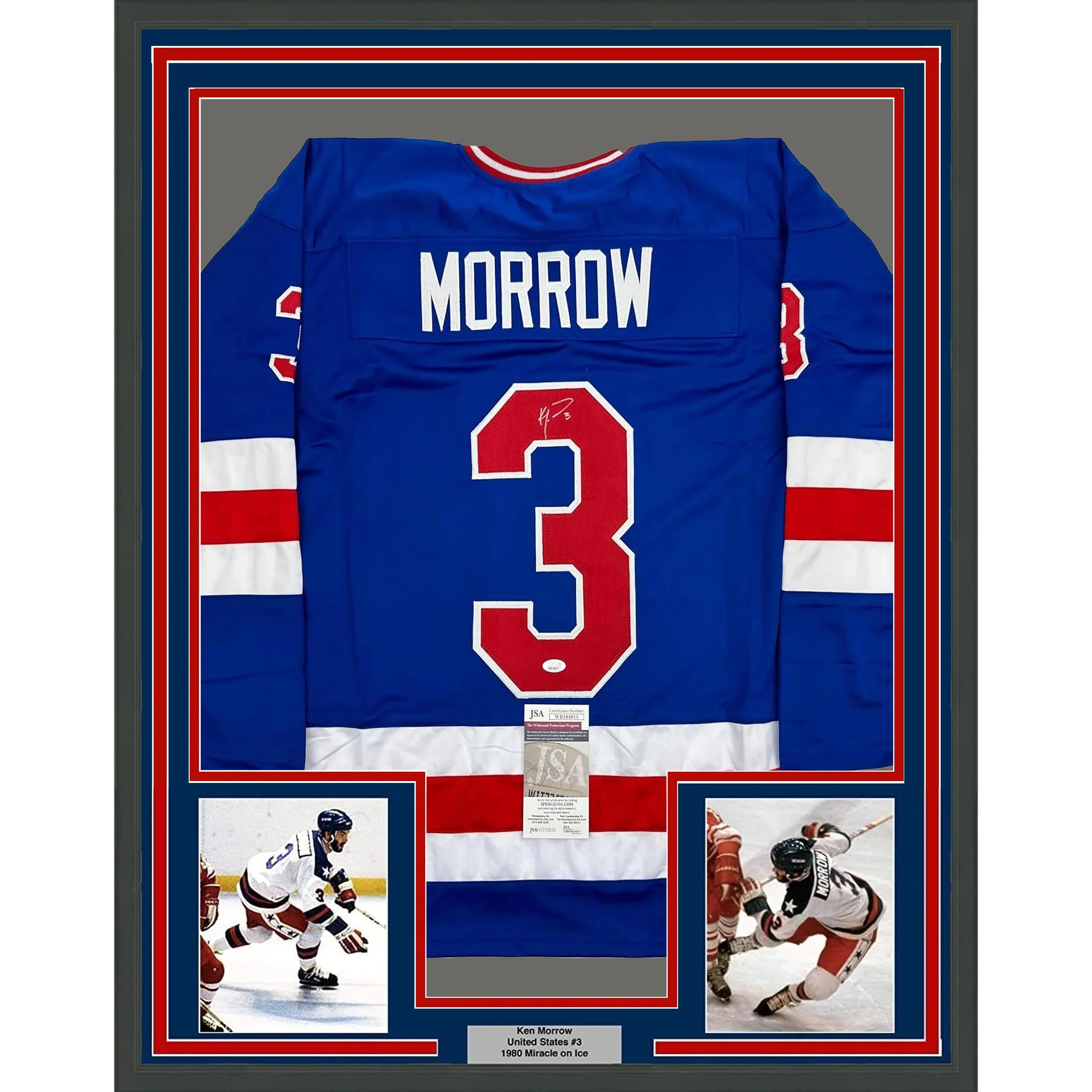 Framed Autographed/Signed Ken Morrow 35x39 Blue 1980 Miracle On Ice United States Hockey Jersey JSA COA