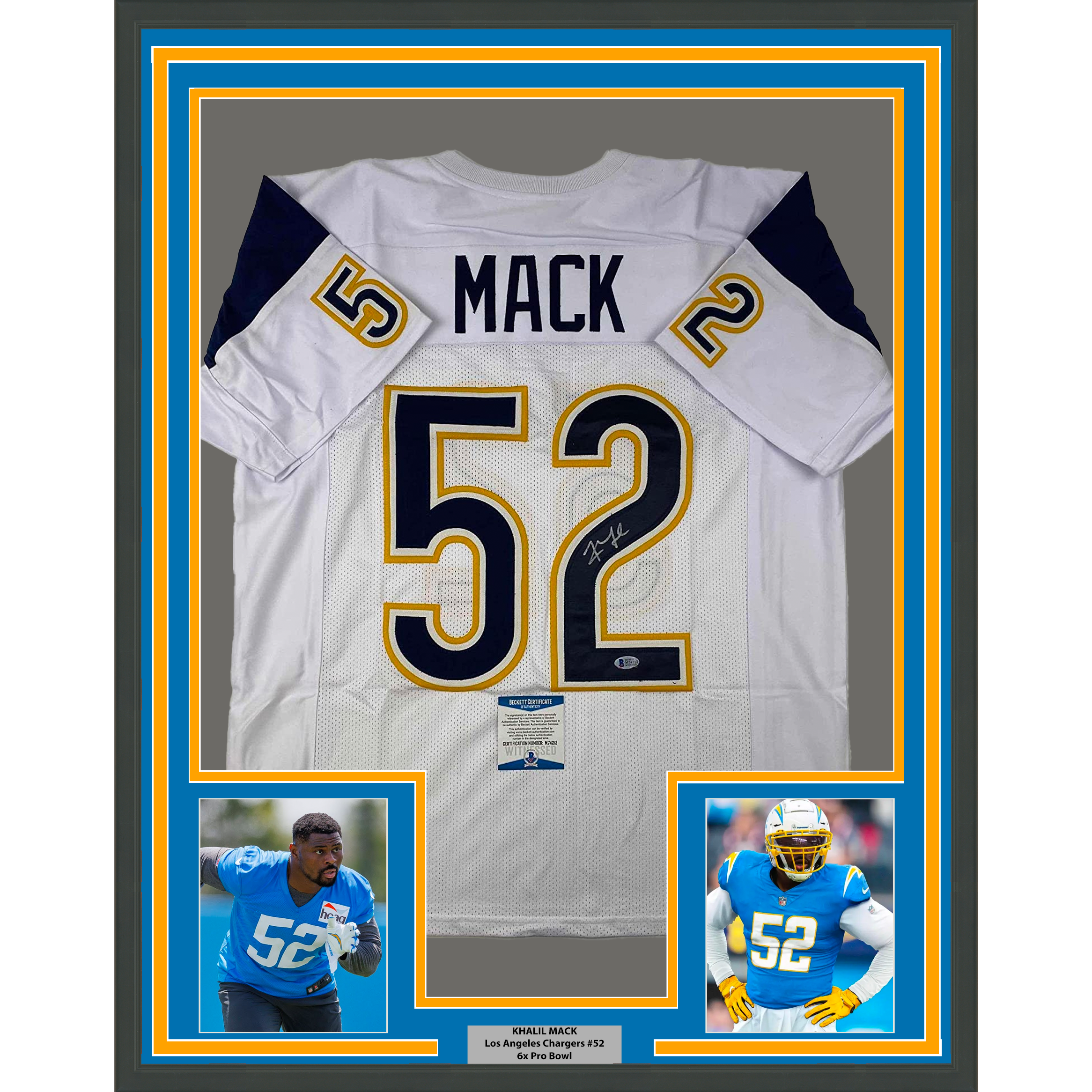 Framed Autographed/Signed Khalil Mack 35x39 Los Angeles LA White Football Jersey Beckett BAS COA