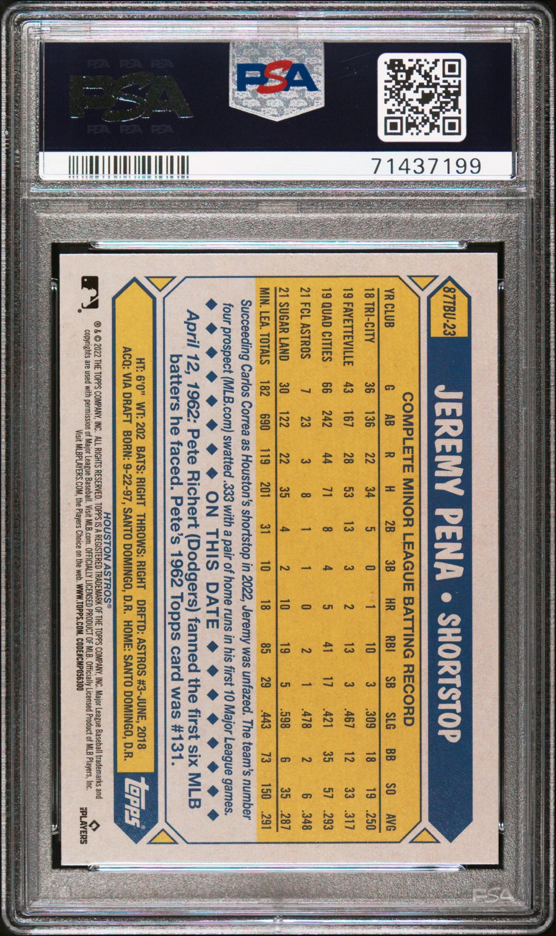 Graded 2022 Topps Update Jeremy Pena #87TBU23 1897 Topps Rookie RC Baseball Card PSA 10 Gem Mint