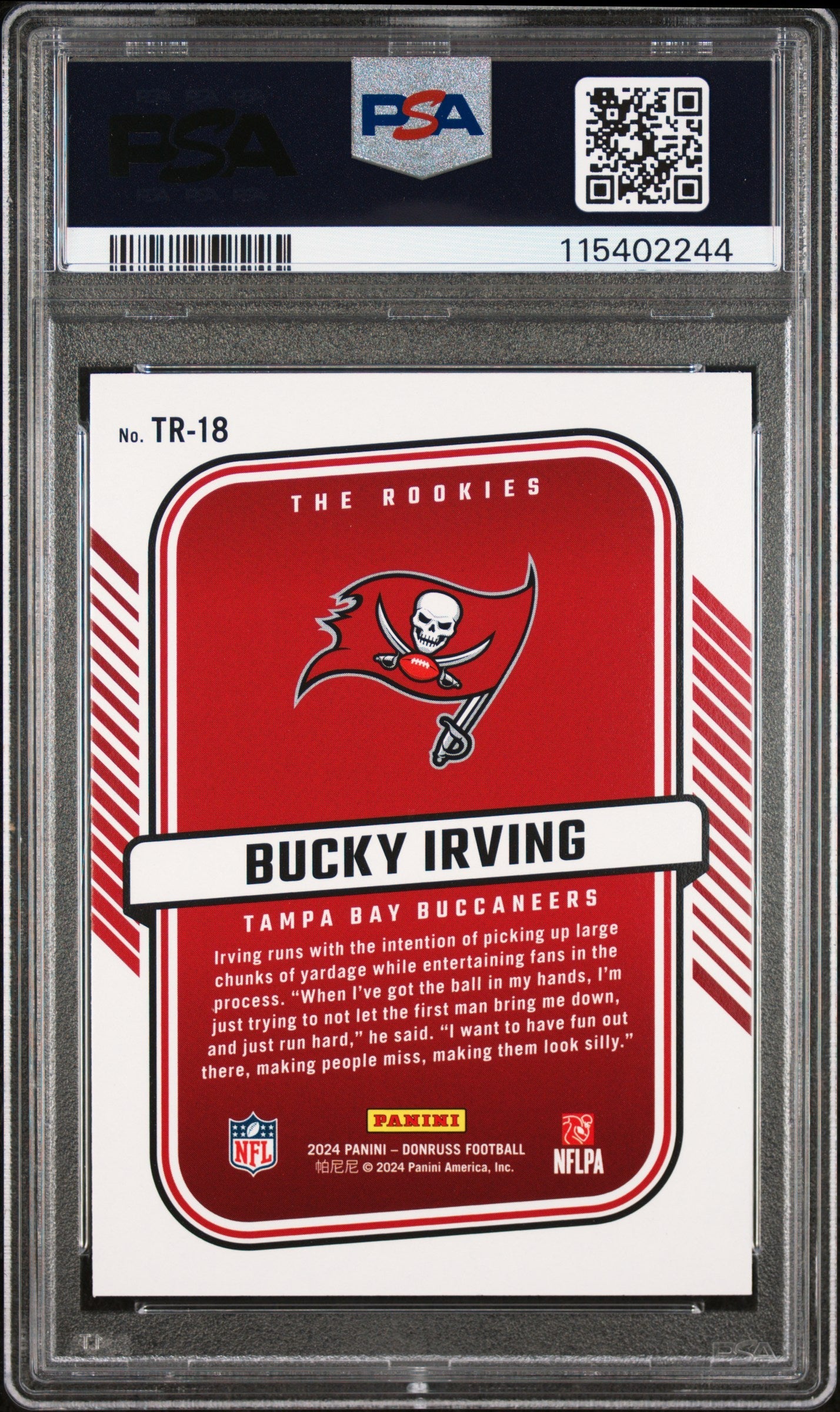 Graded 2024 Panini Donruss Bucky Irving #TR18 The Rookies Rookie RC Football Card PSA 10 Gem Mint