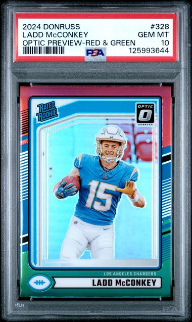 Graded 2024 Panini Donruss Ladd McConkey #328 Optic Preview Red & Green Rookie RC Football Card PSA 10 Gem Mint
