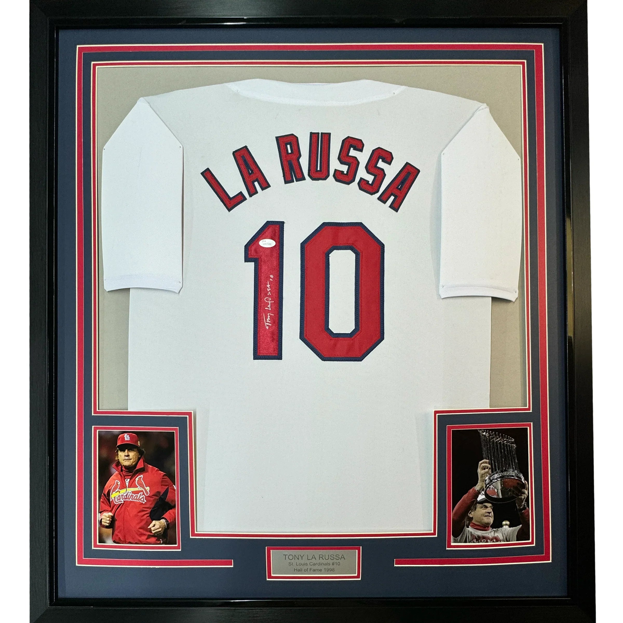 Framed Autographed/Signed Tony La Russa 35x39 St. Louis White Baseball Jersey JSA COA