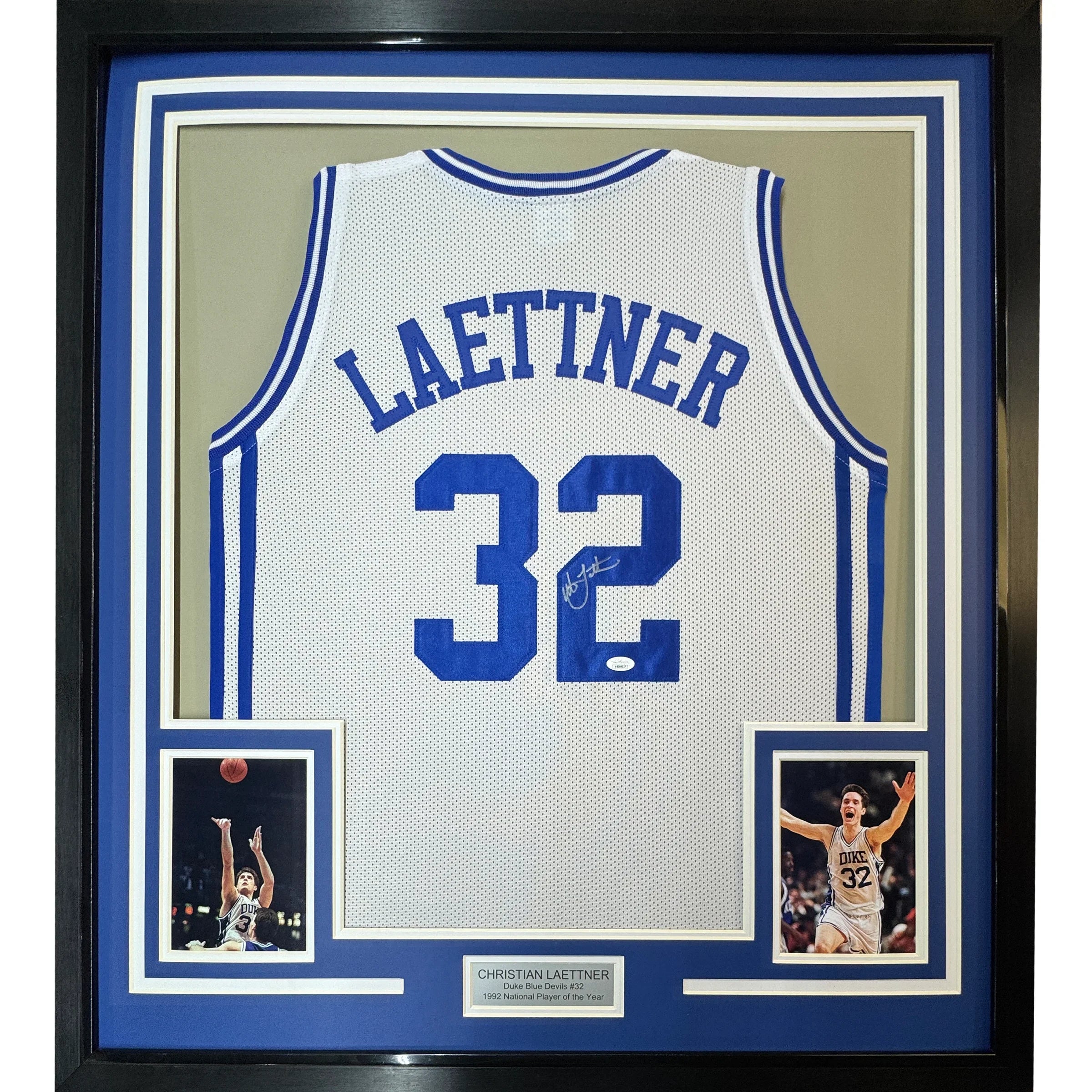 Framed Autographed/Signed Christian Laettner 35x39 Duke White College Basketball Jersey PSA/DNA COA