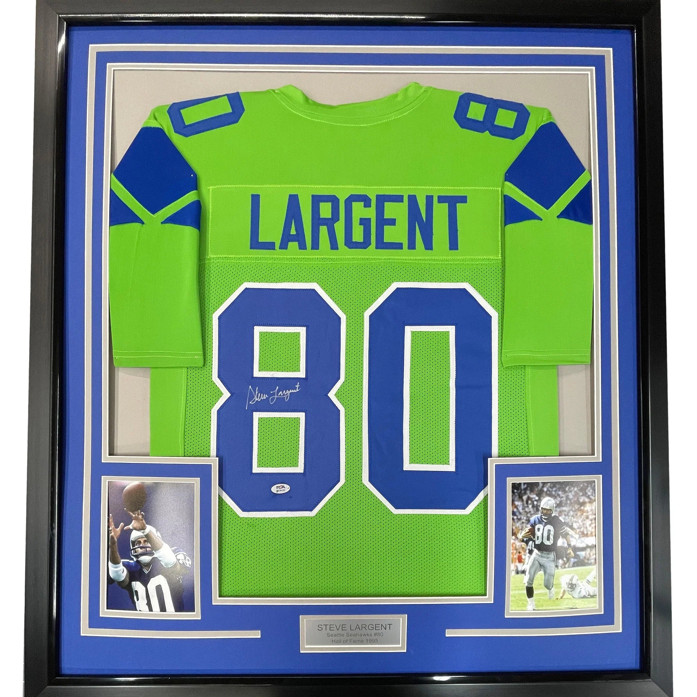 Framed Autographed/Signed Steve Largent 35x39 Seattle Green Football Jersey PSA/DNA COA