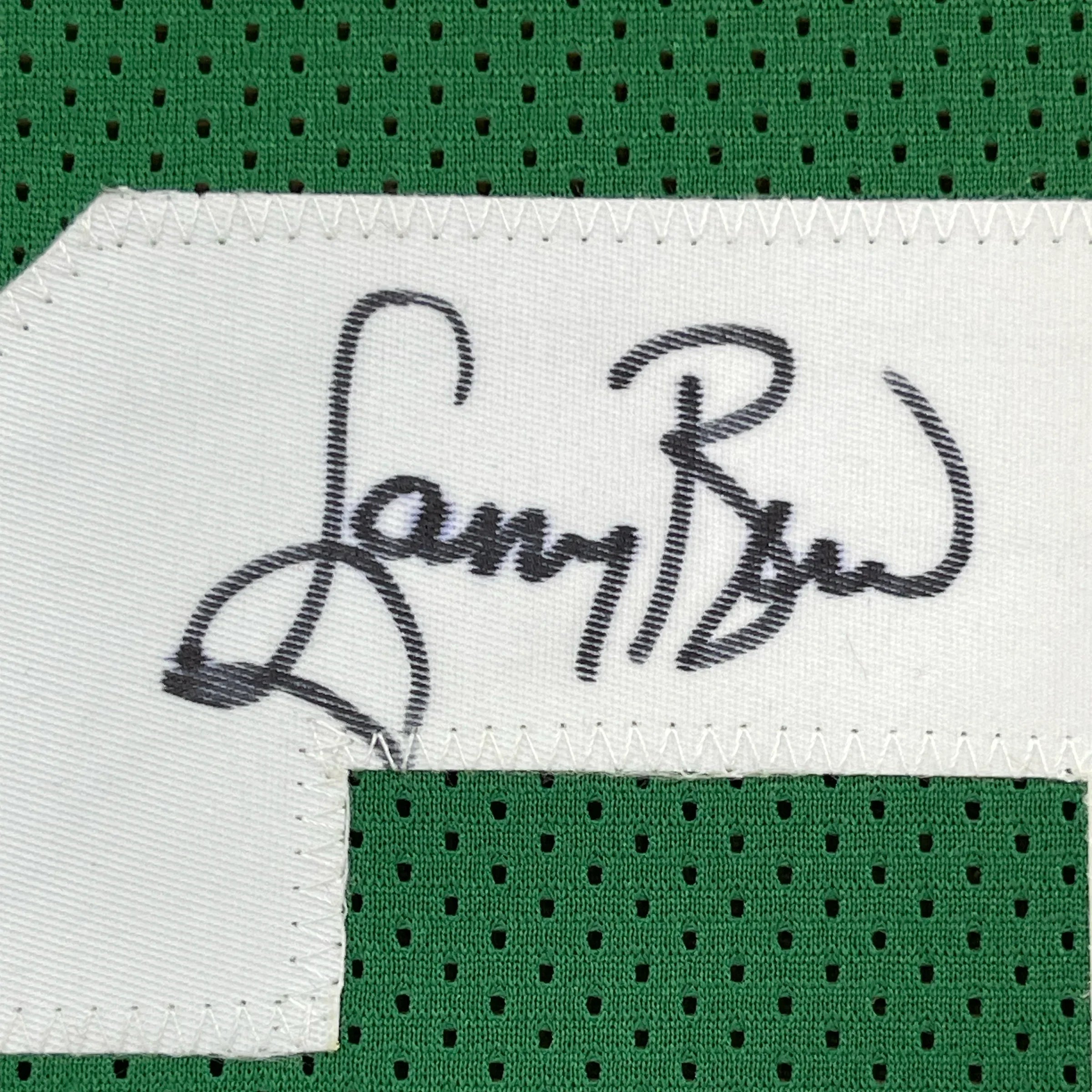 Framed Autographed/Signed Larry Bird 35x39 Boston Green Basketball Jersey PSA/DNA COA