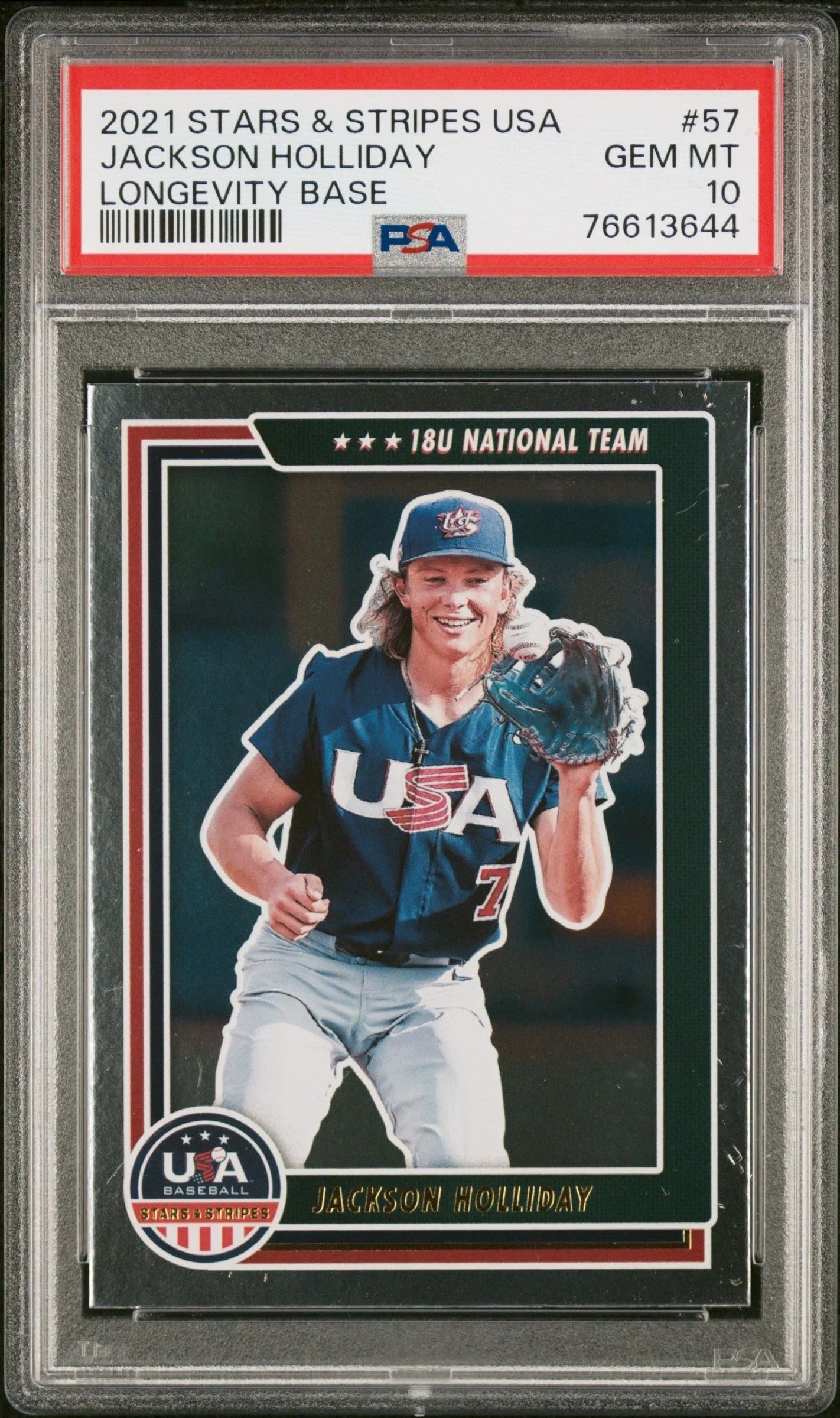 Graded 2021 Panini Stars & Stripes USA Jackson Holliday #57 Longevity Base Rookie RC Baseball Card PSA 10 Gem Mint