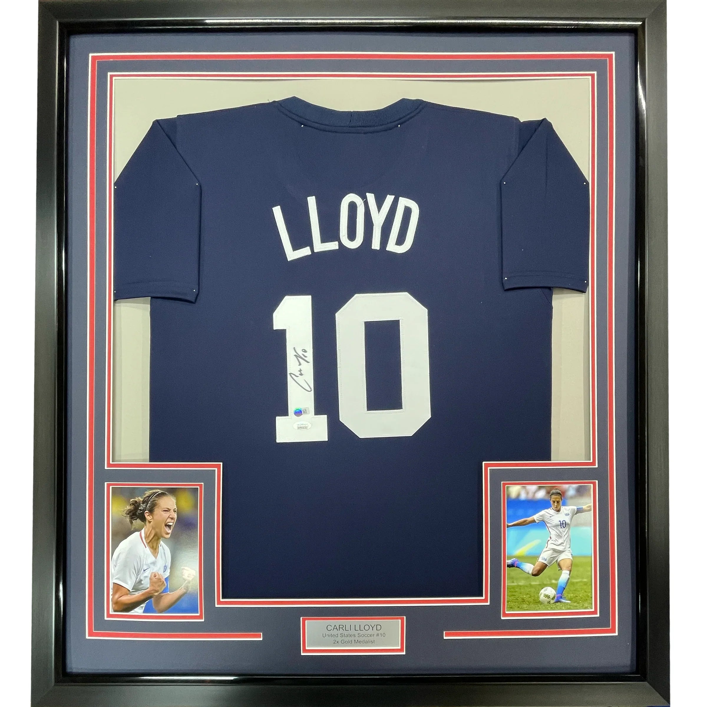 Framed Autographed/Signed Carli Lloyd 35x39 Navy Blue Soccer Team USA World Cup Jersey JSA COA