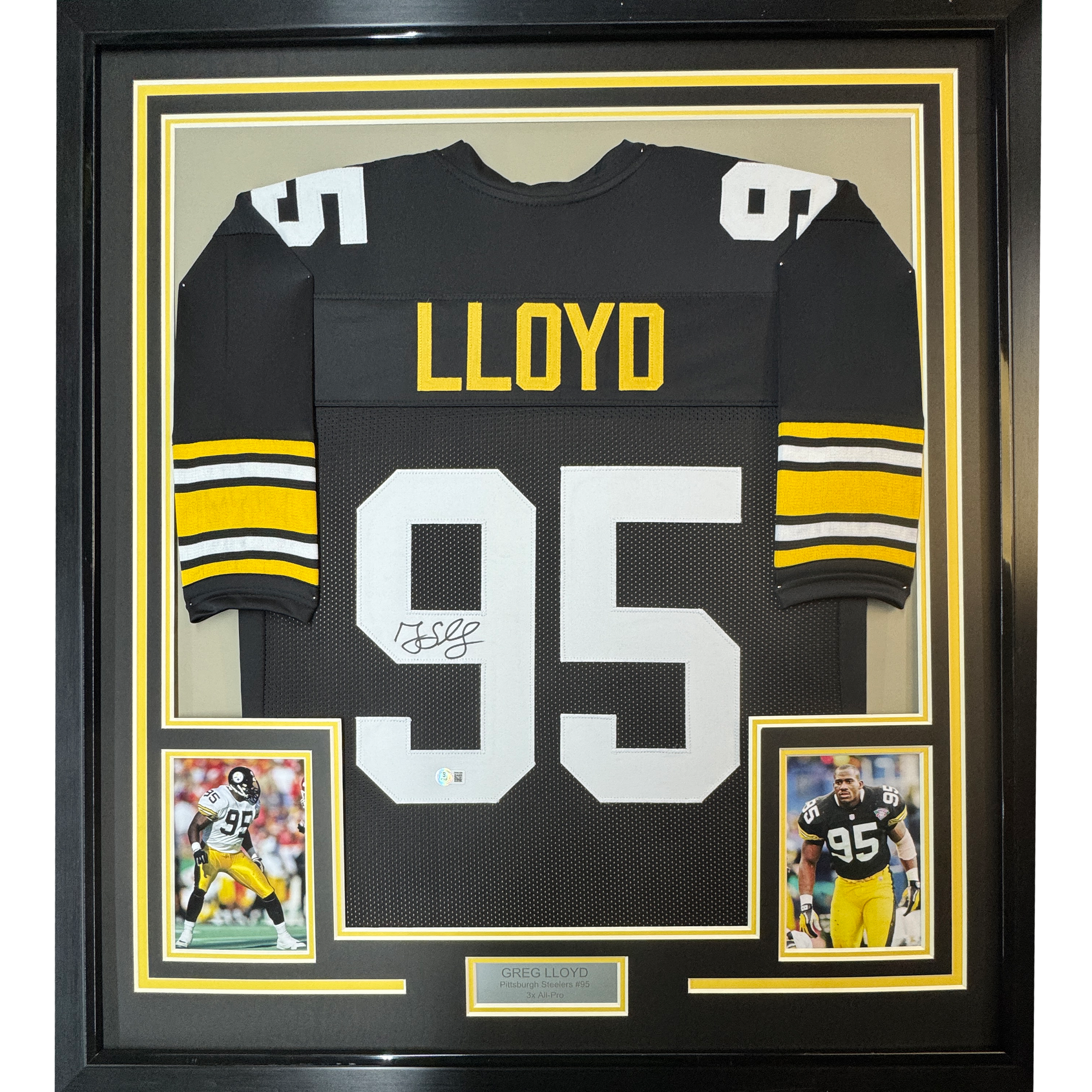 Framed Autographed/Signed Greg Lloyd 35x39 Pittsburgh Black Football Jersey Beckett BAS COA