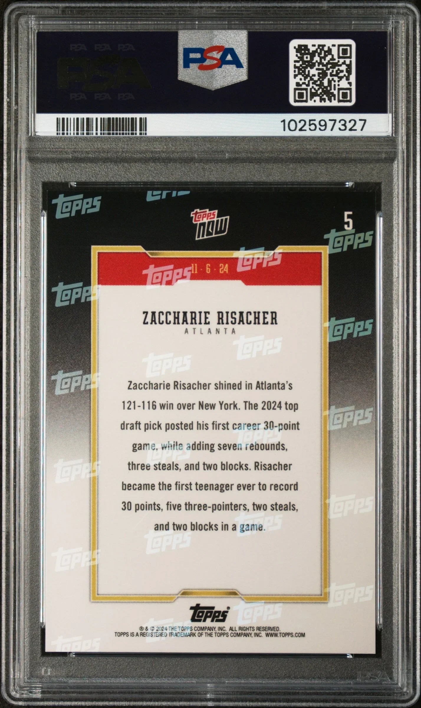 Graded 2024 Topps Now Zaccharie Risacher #5 Rookie RC Basketball Card PSA 9 Near Mint