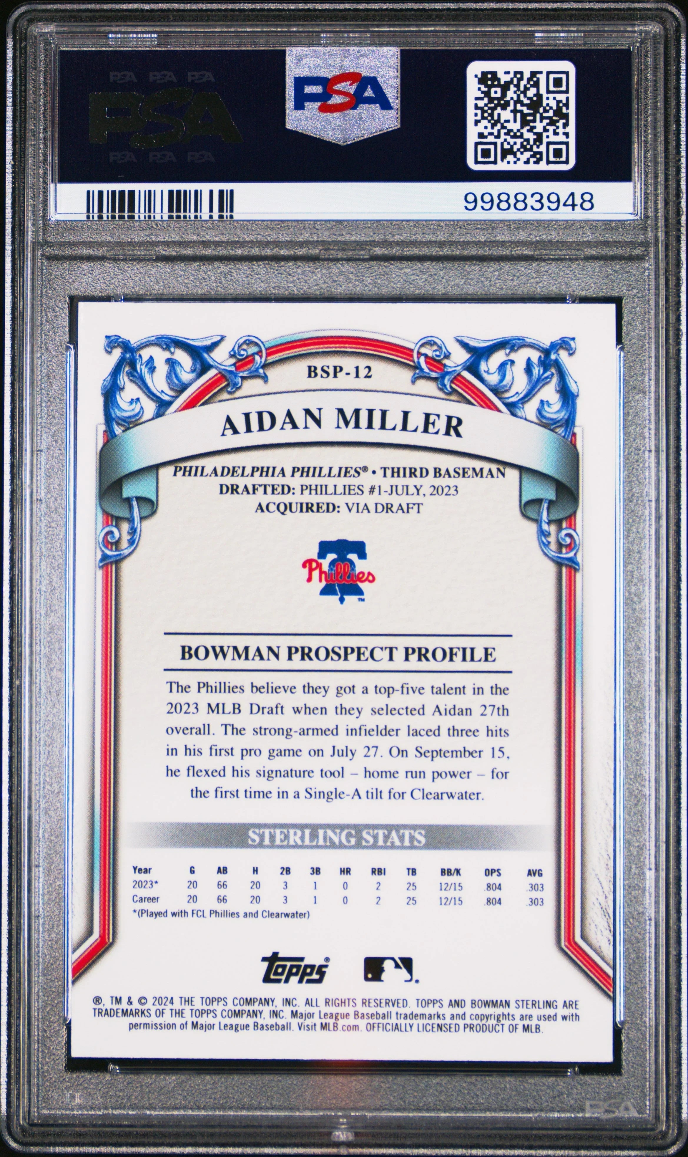 Graded 2024 Topps Bowman Sterling Aidan Miller #BSP12 Prospects Rookie RC Baseball Card PSA 10 Gem Mint