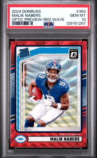 Graded 2024 Panini Donruss Malik Nabers #383 Optic Preview Red Wave Rookie RC Football Card PSA 10 Gem Mint
