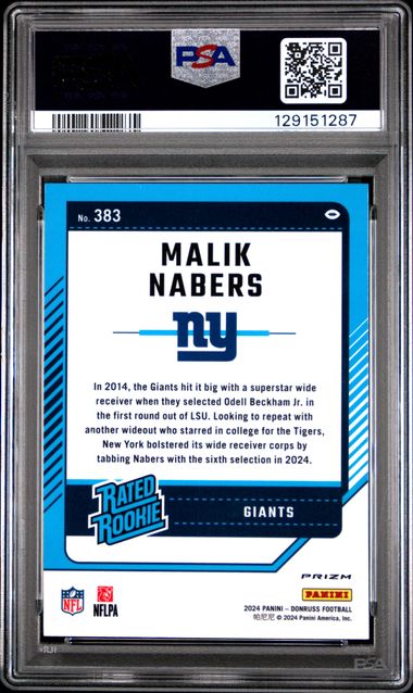 Graded 2024 Panini Donruss Malik Nabers #383 Optic Preview Red Wave Rookie RC Football Card PSA 10 Gem Mint
