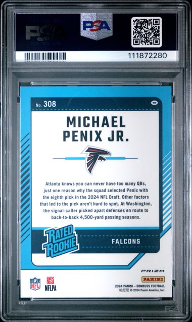 Graded 2024 Panini Donruss Michael Penix Jr #308 Optic Preview Red Wave Rookie RC Football Card PSA 10 Gem Mint