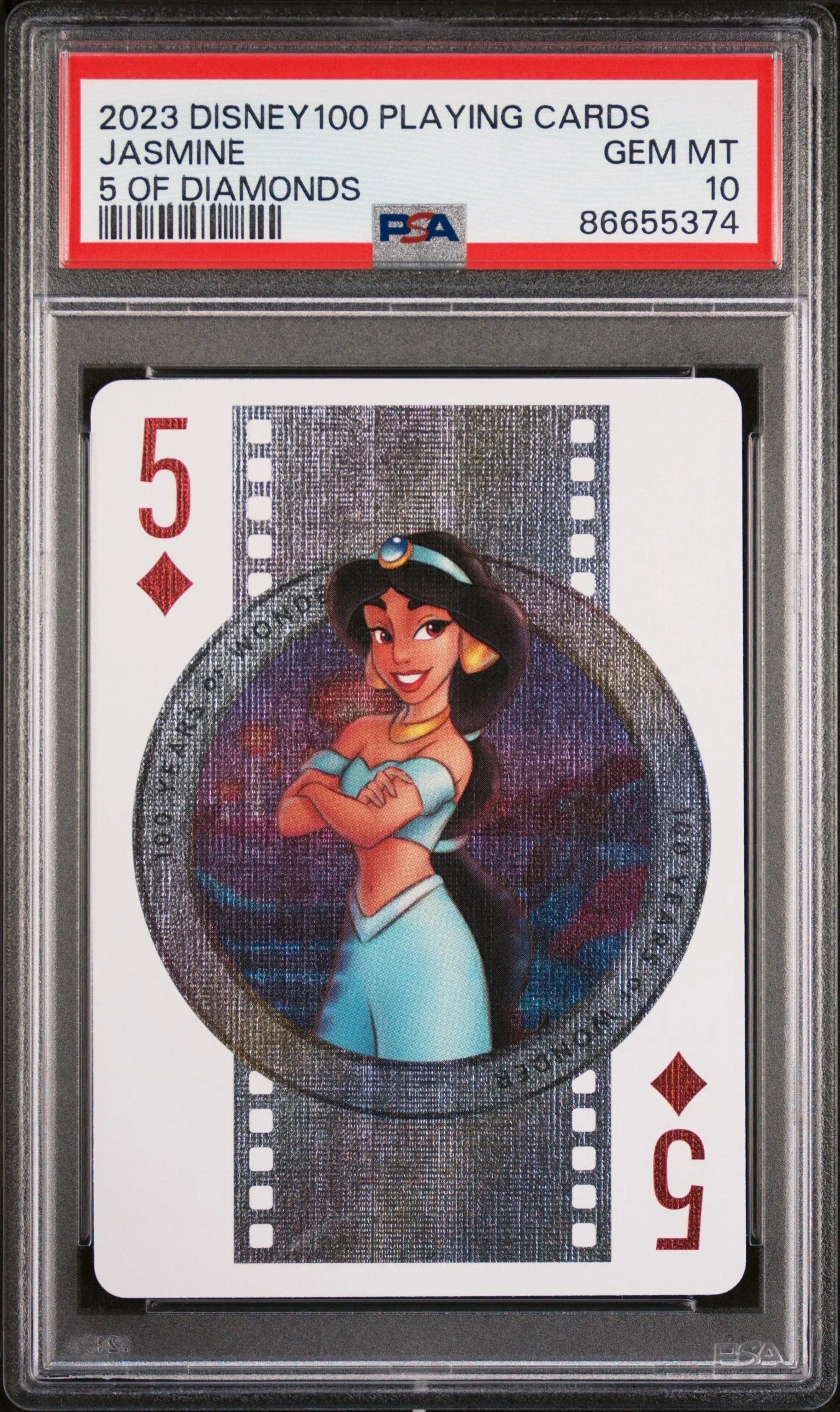 2023 DISNEY 100 PLAYING CARDS JASMINE 5 OF DIAMONDS PSA 10