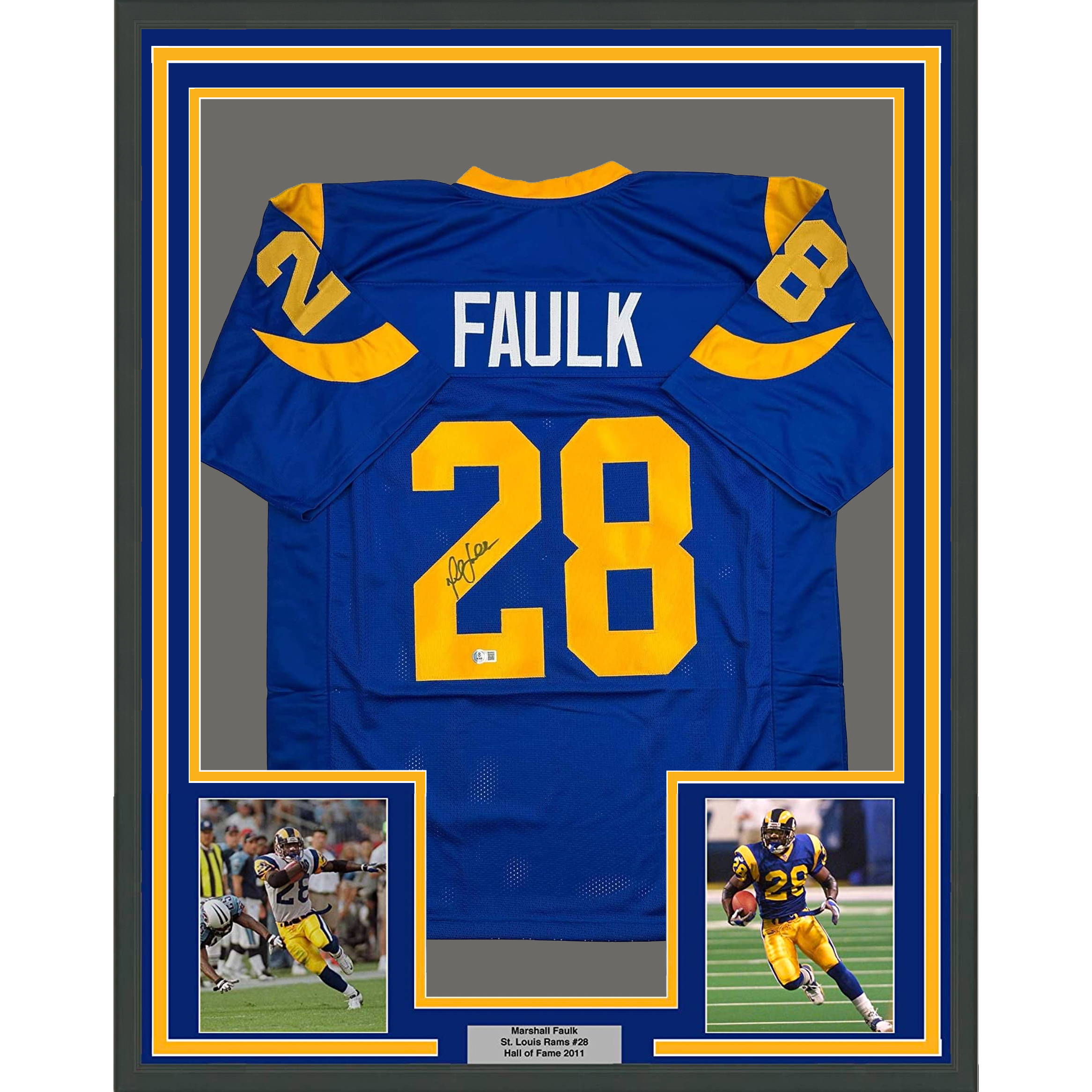 Framed Autographed/Signed Marshall Faulk 35x39 St. Louis Blue Football Jersey Beckett BAS COA