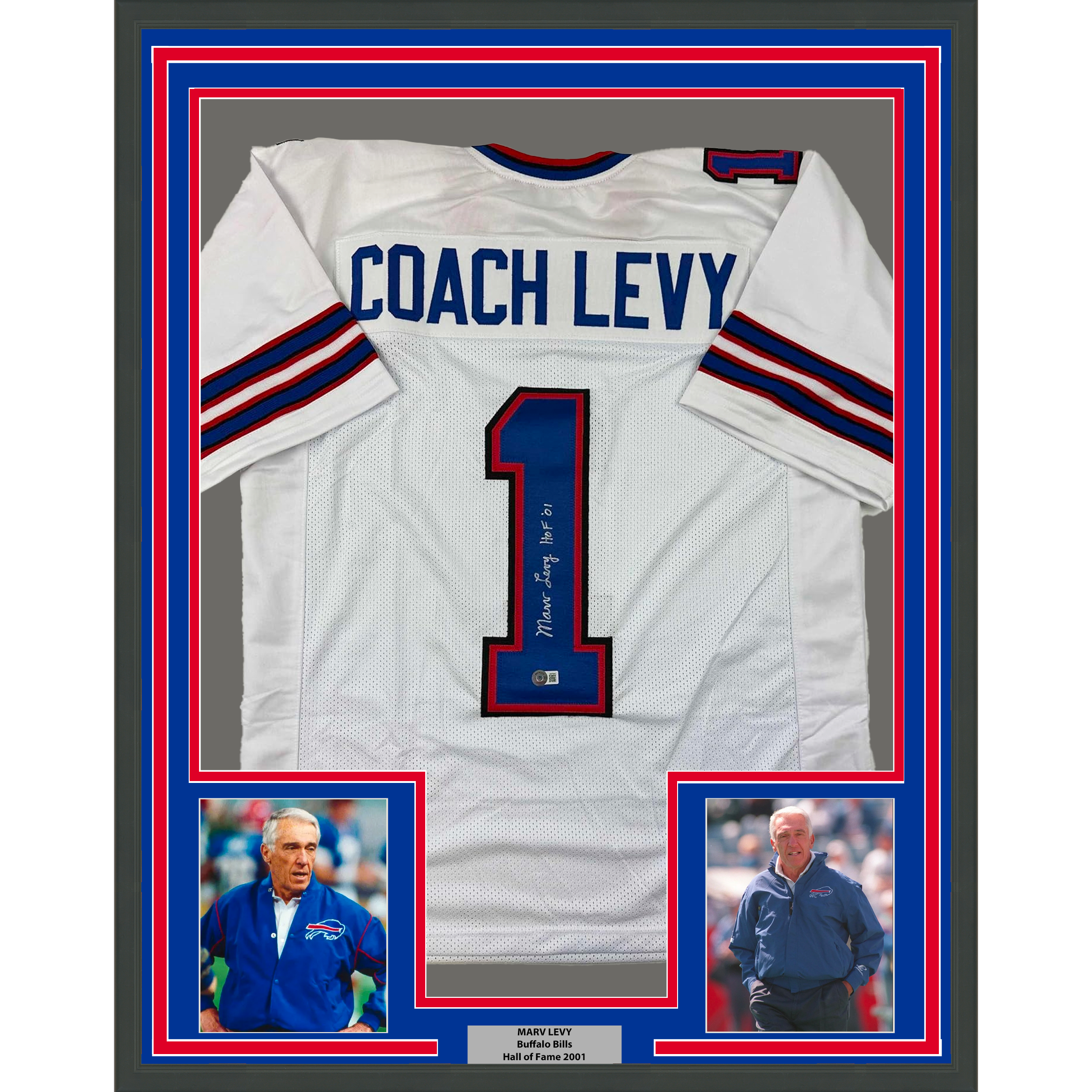 Framed Autographed/Signed Coach Marv Levy 35x39 HOF 01 Buffalo White Football Jersey Beckett BAS COA