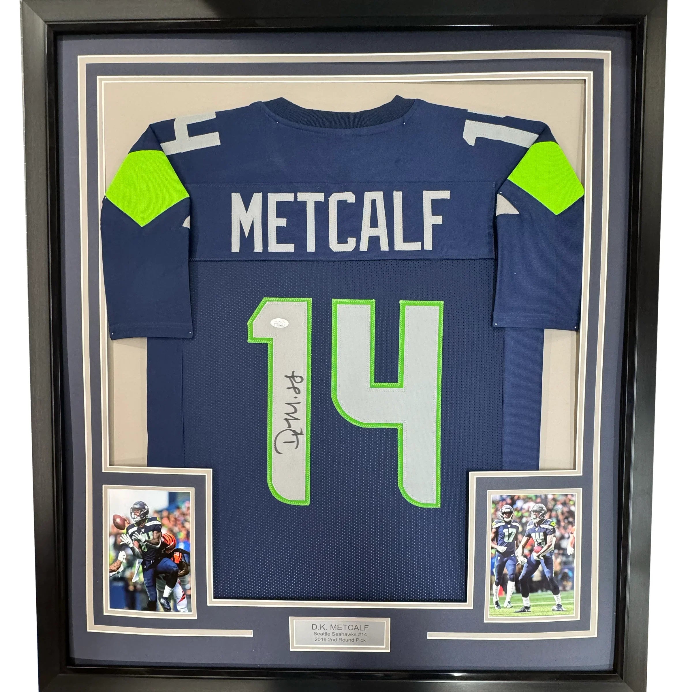 Framed Autographed/Signed DK D.K. Metcalf 35x39 Seattle Blue Football Jersey JSA COA