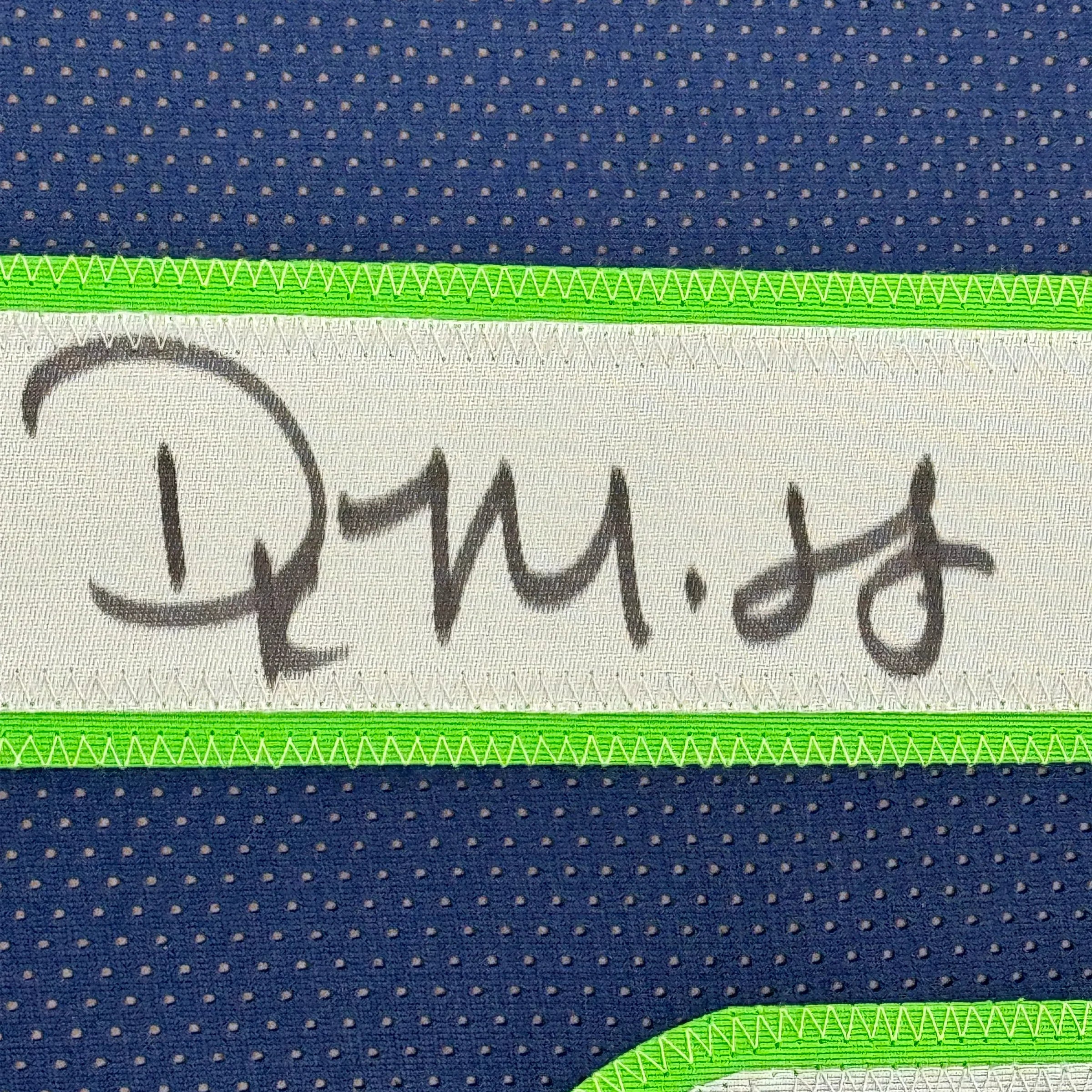 Framed Autographed/Signed DK D.K. Metcalf 35x39 Seattle Blue Football Jersey JSA COA