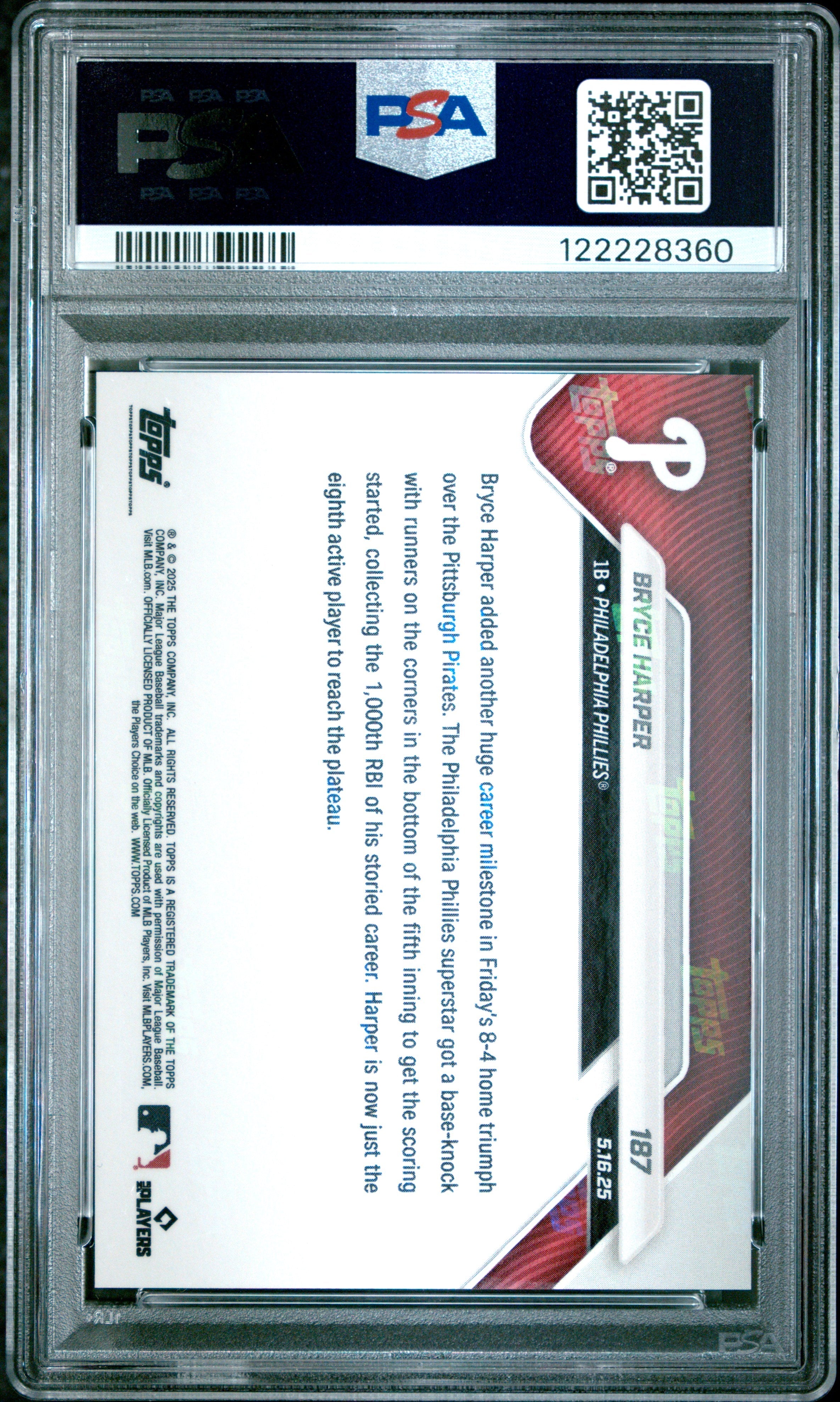 Graded 2025 Topps Now Bryce Harper #187 Gold Foil /50 Baseball Card PSA 10 Gem Mint