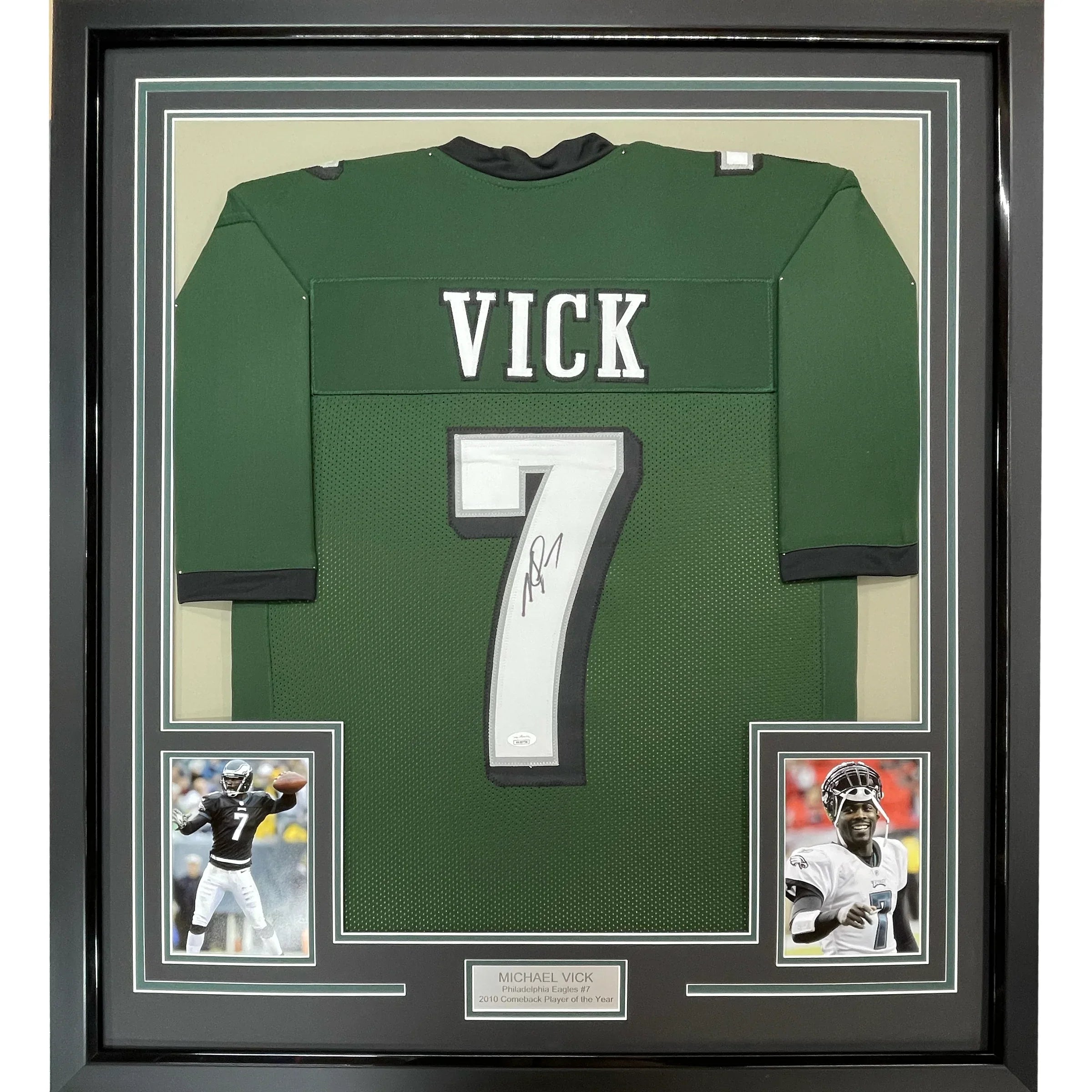 Framed Autographed/Signed Michael Mike Vick 35x39 Philadelphia Green Football Jersey PSA/DNA COA