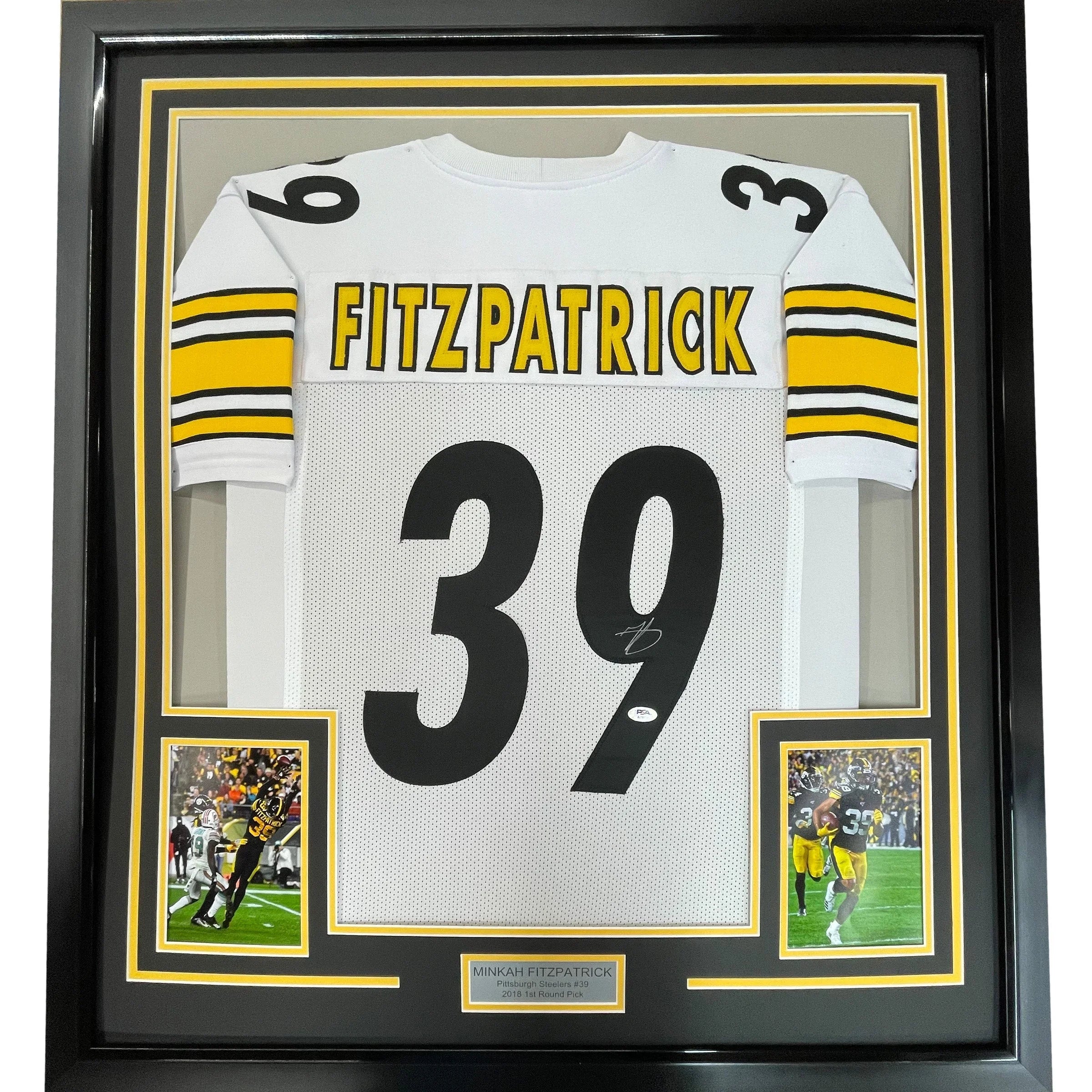 Framed Autographed/Signed Minkah Fitzpatrick 35x39 Pittsburgh White Football Jersey PSA/DNA COA