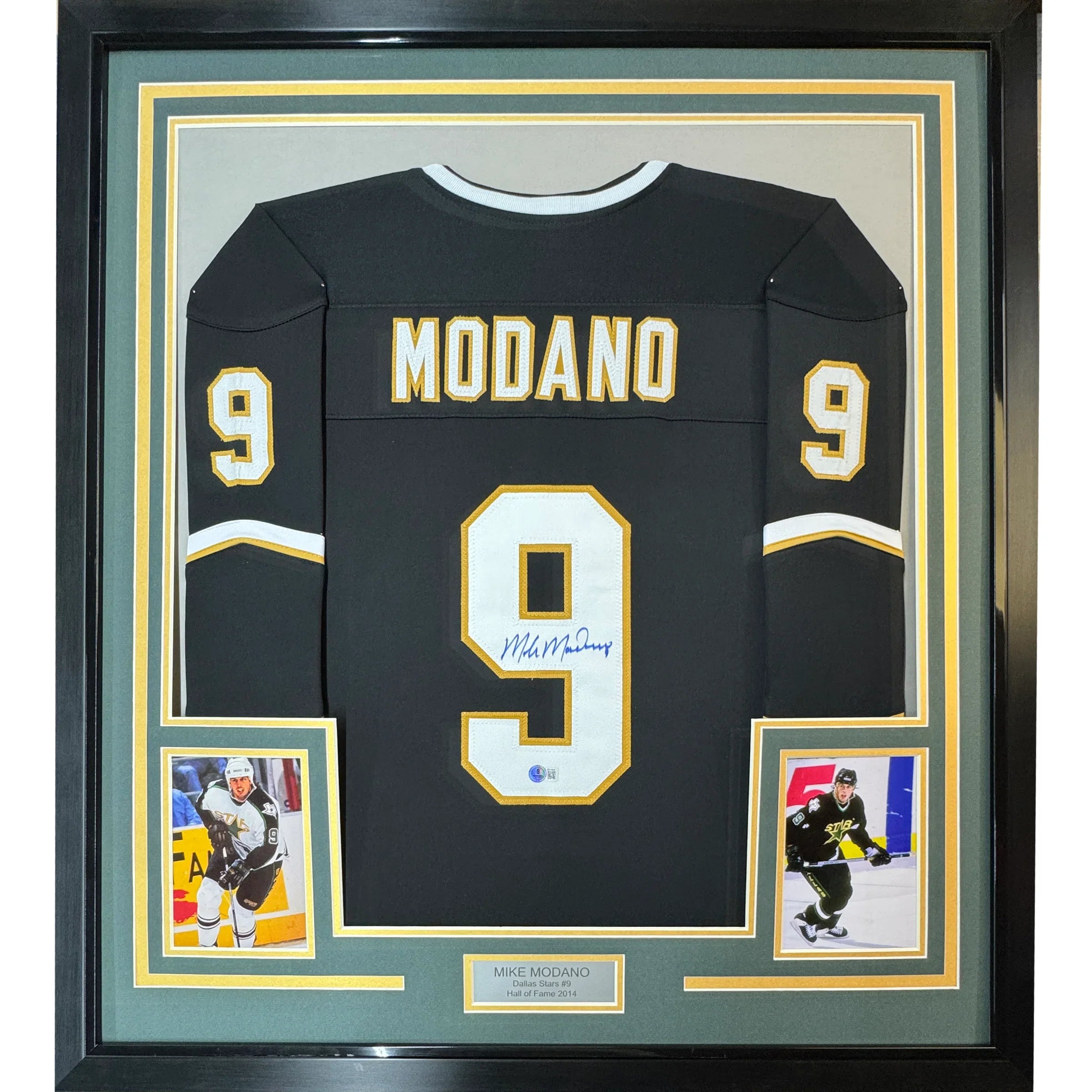 Framed Autographed/Signed Mike Modano 35x39 Dallas Black Hockey Jersey Beckett BAS COA