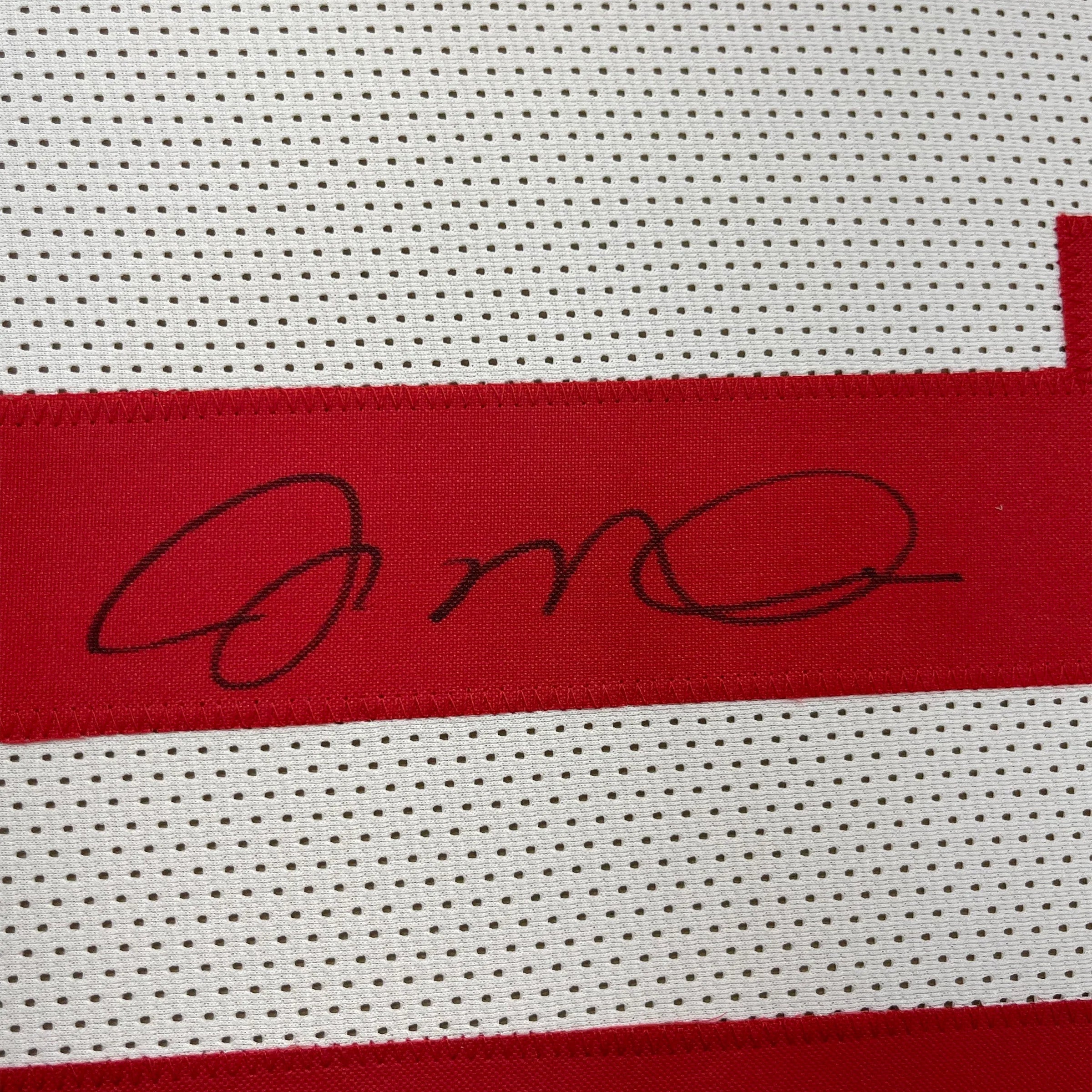 Framed Autographed/Signed Joe Montana 35x39 San Francisco White Football Jersey JSA COA