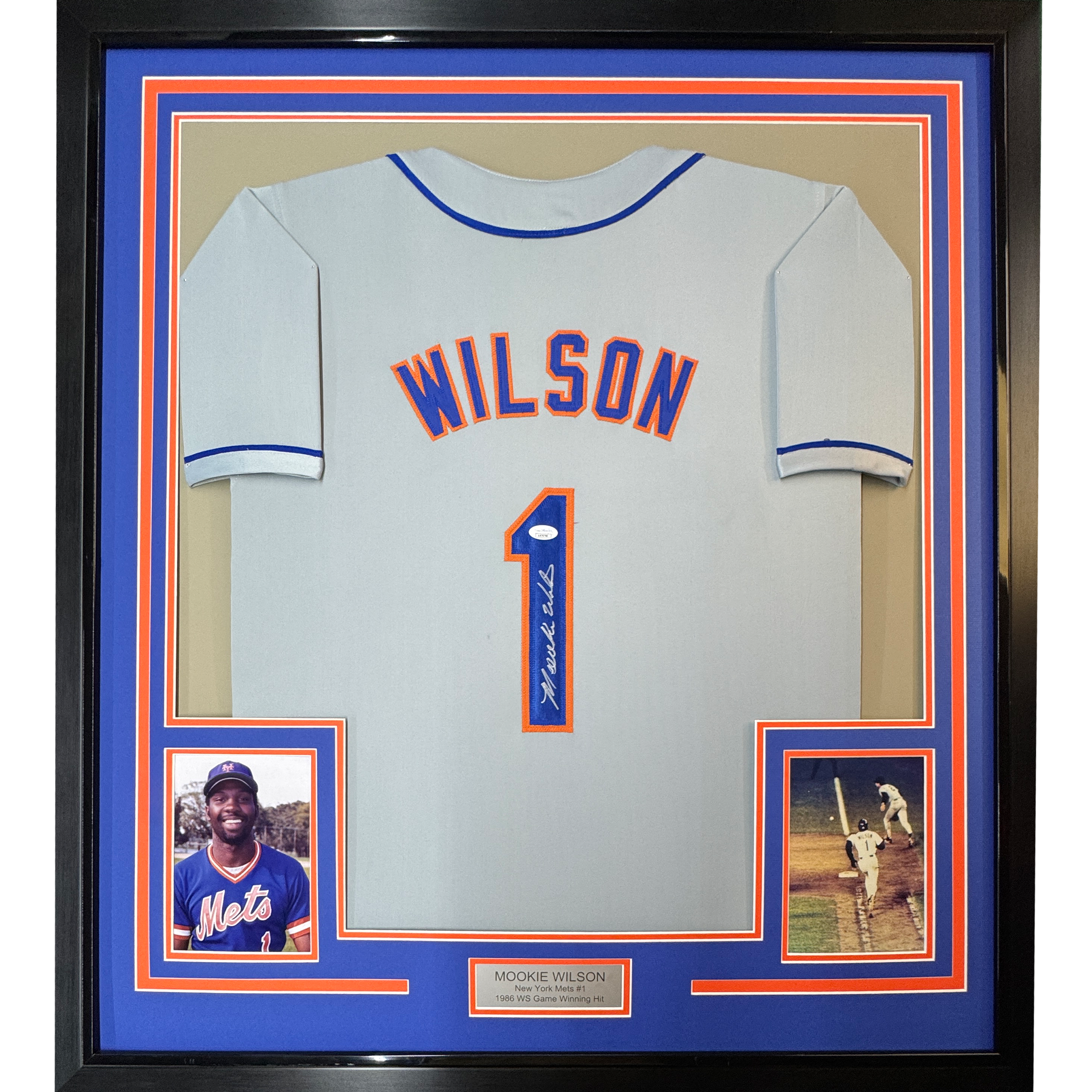 Framed Autographed/Signed Mookie Wilson 35x39 New York Grey Baseball Jersey JSA COA